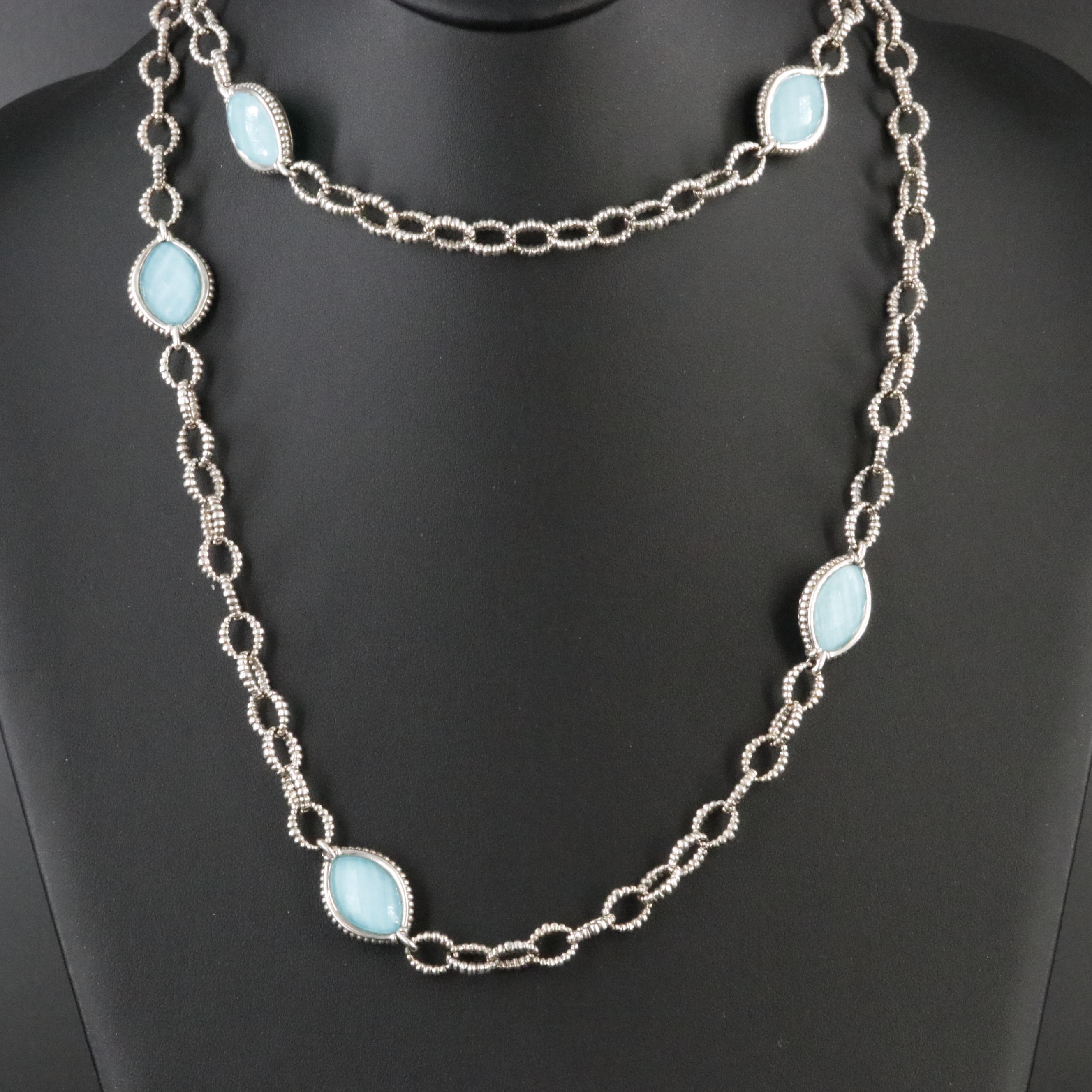 Caviar Venus Sterling Turquoise and Quartz Navette Station Necklace