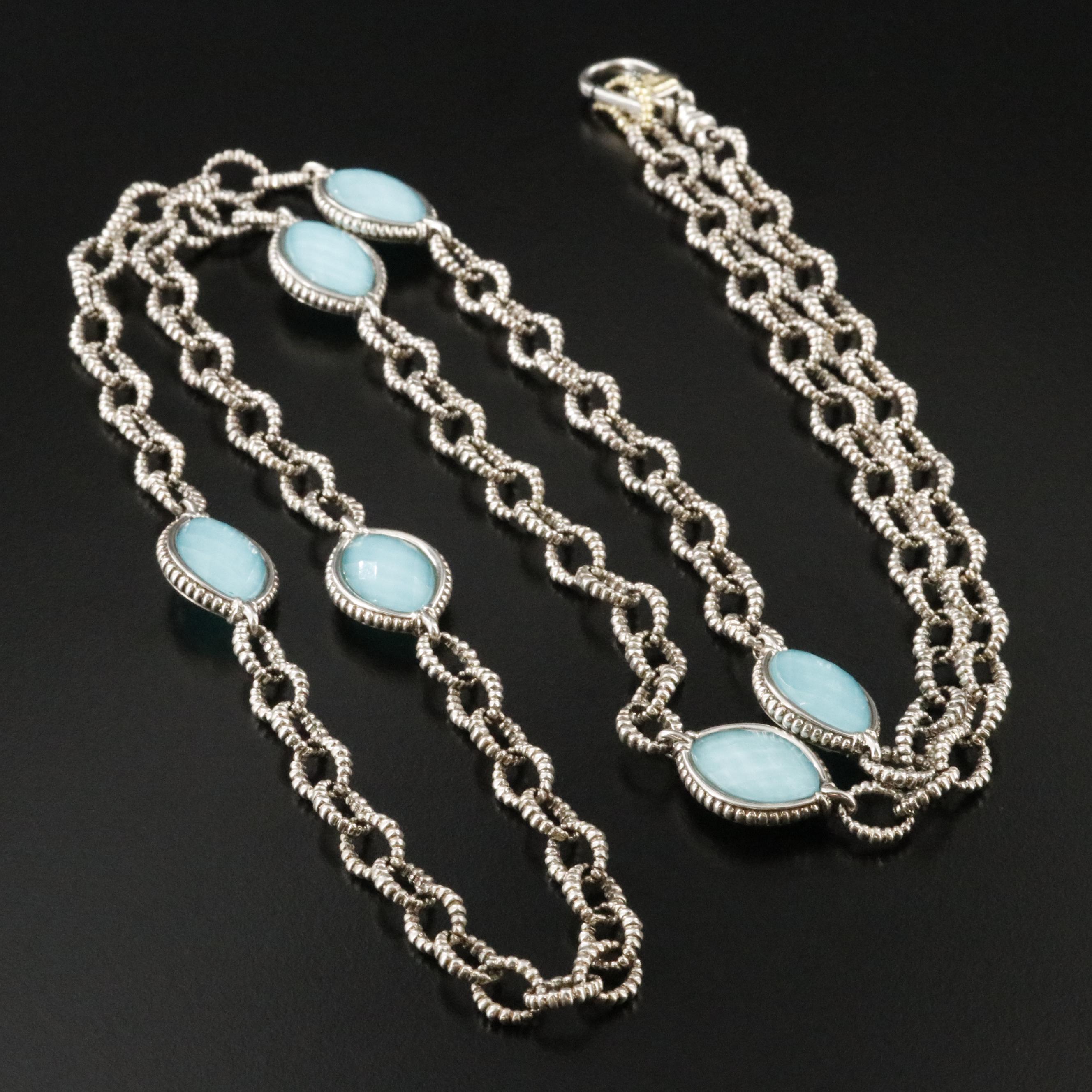 Caviar Venus Sterling Turquoise and Quartz Navette Station Necklace