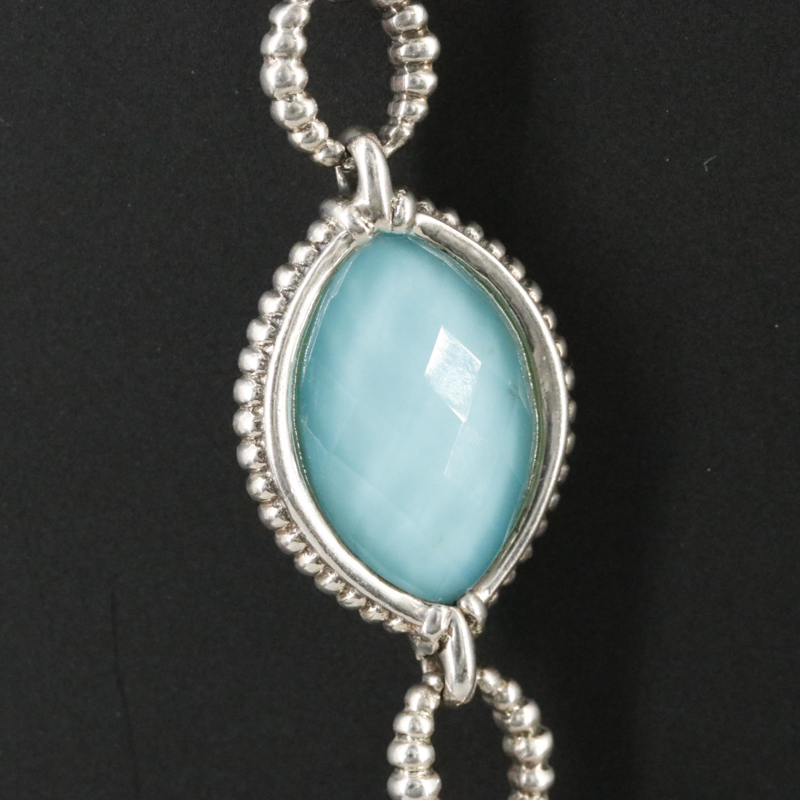Caviar Venus Sterling Turquoise and Quartz Navette Station Necklace