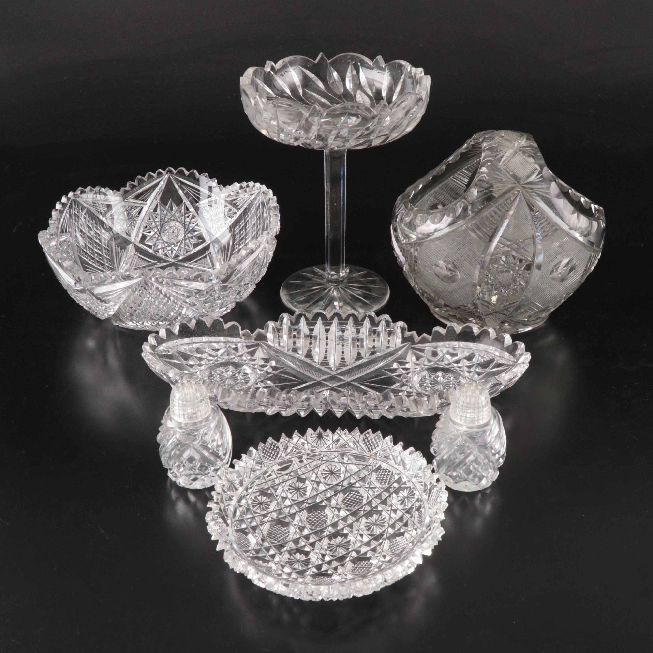 American Brilliant Cut Crystal Bowl, Oval Dish, Shakers, and More Table Décor
