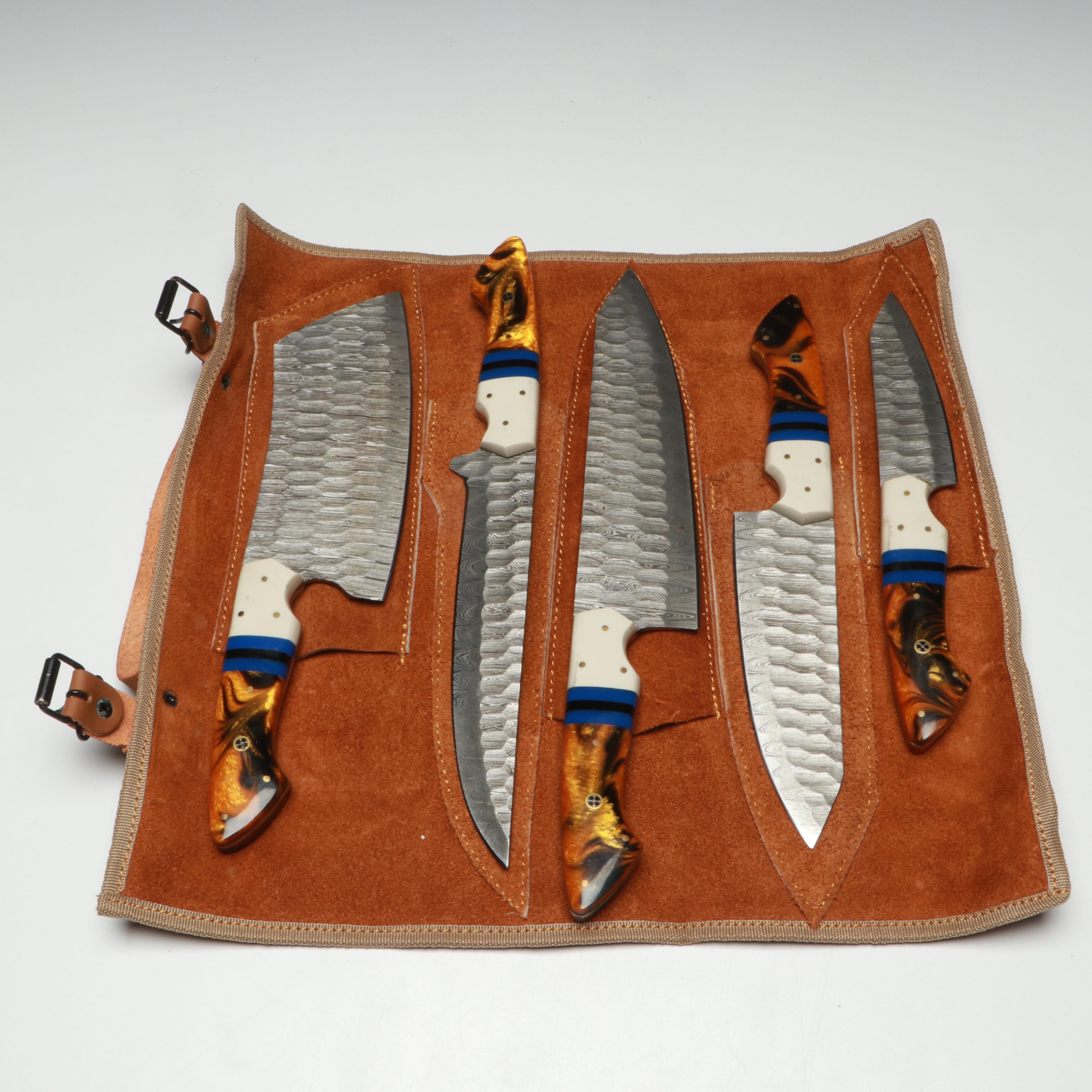 Damascus Steel and Marbled Handle Chef's Knife Set in Suede Leather Roll