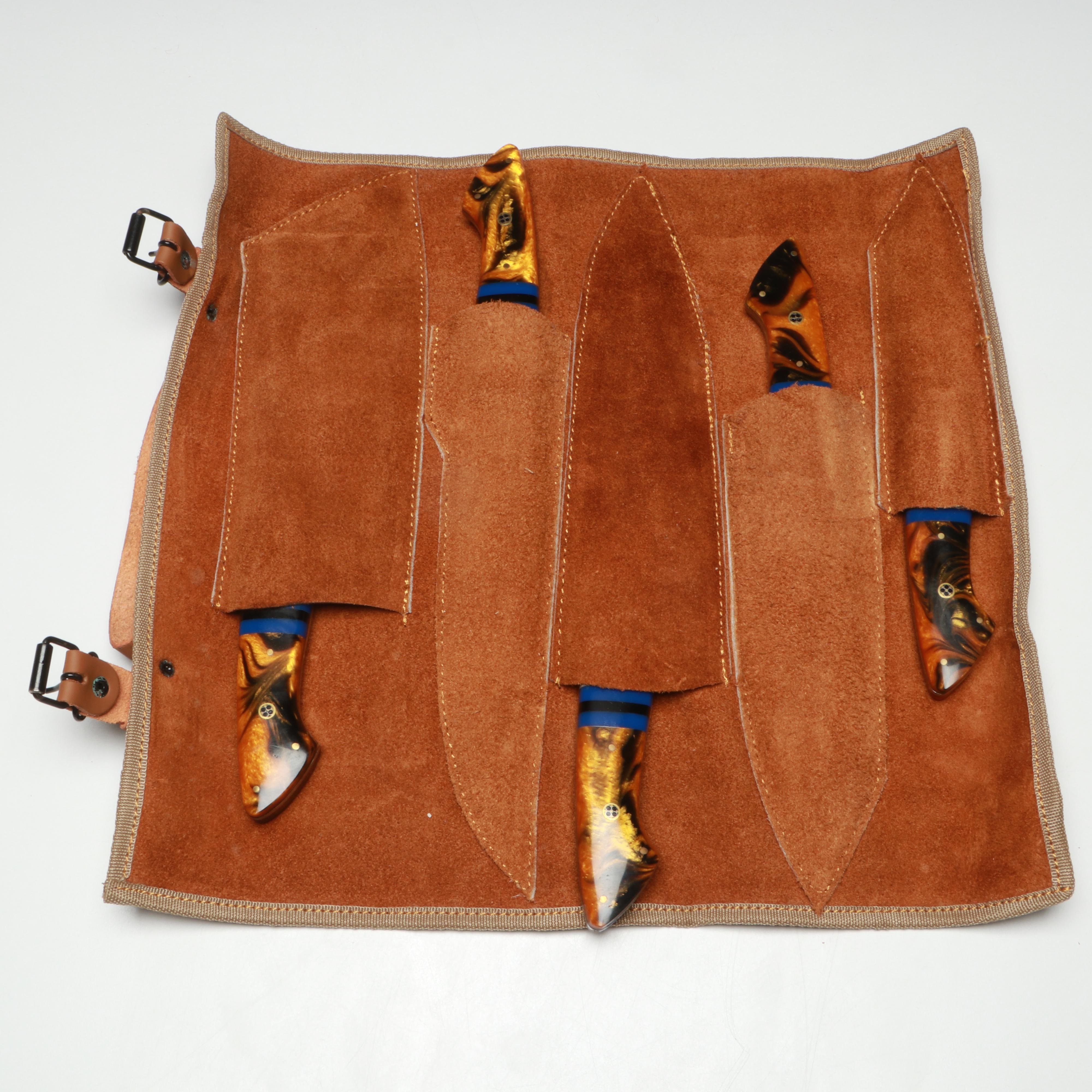 Damascus Steel and Marbled Handle Chef's Knife Set in Suede Leather Roll