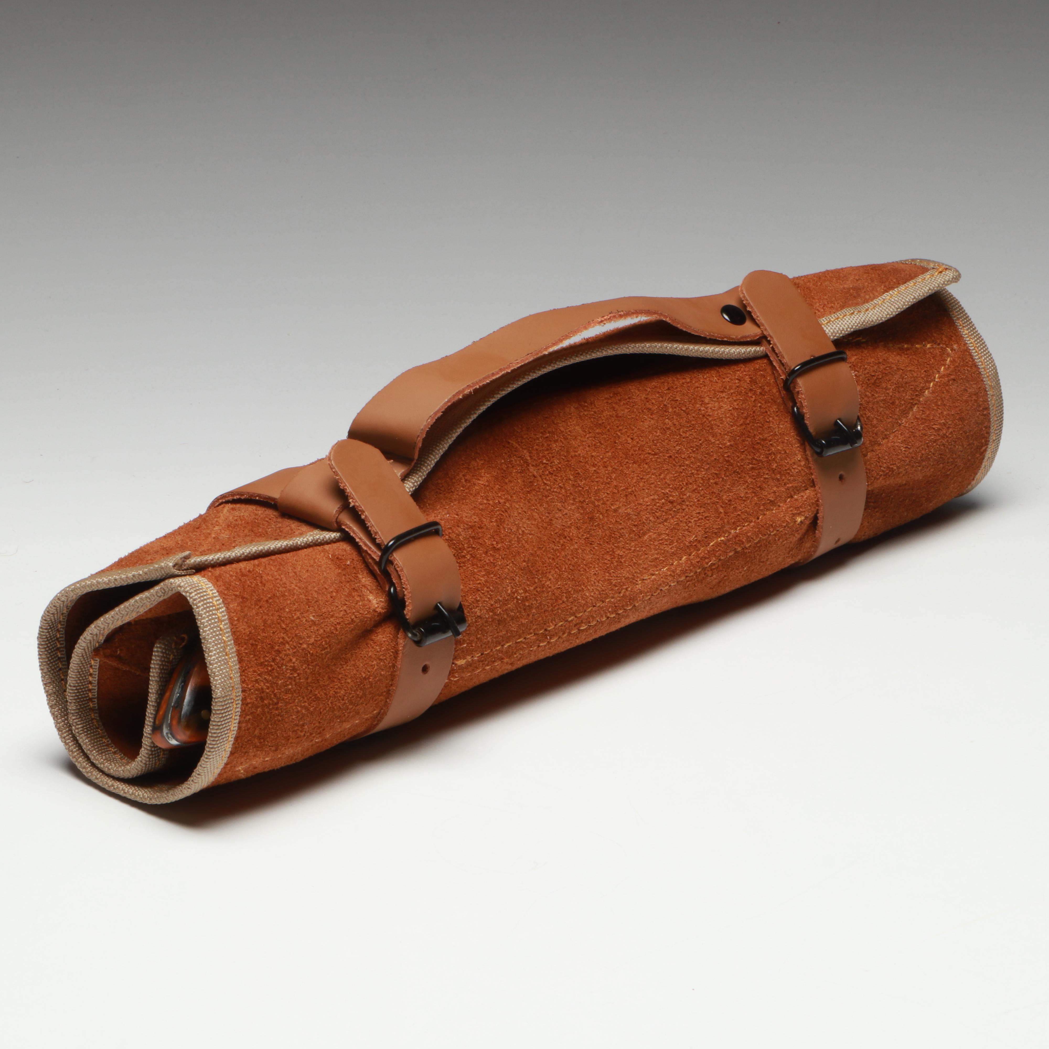 Damascus Steel and Marbled Handle Chef's Knife Set in Suede Leather Roll