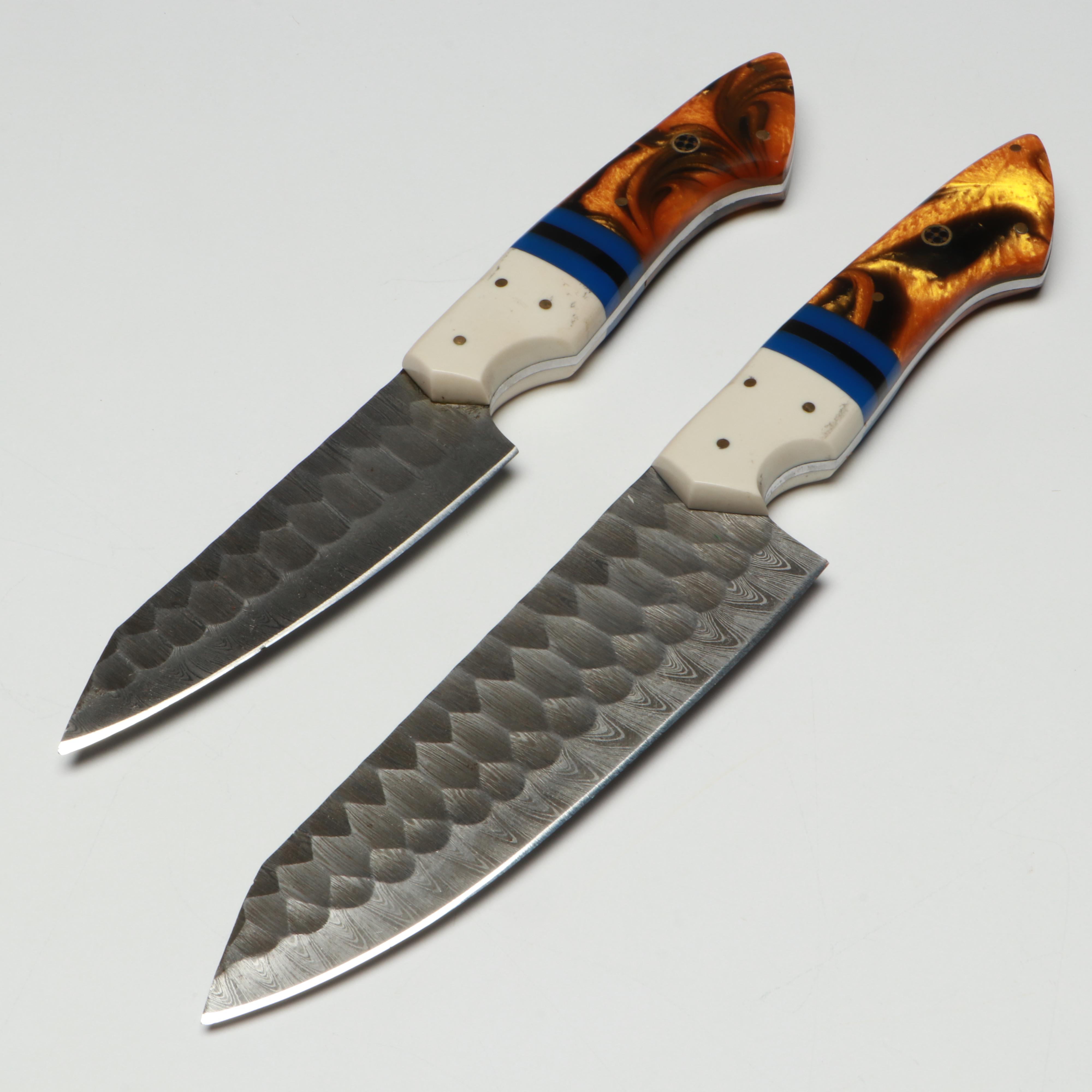 Damascus Steel and Marbled Handle Chef's Knife Set in Suede Leather Roll