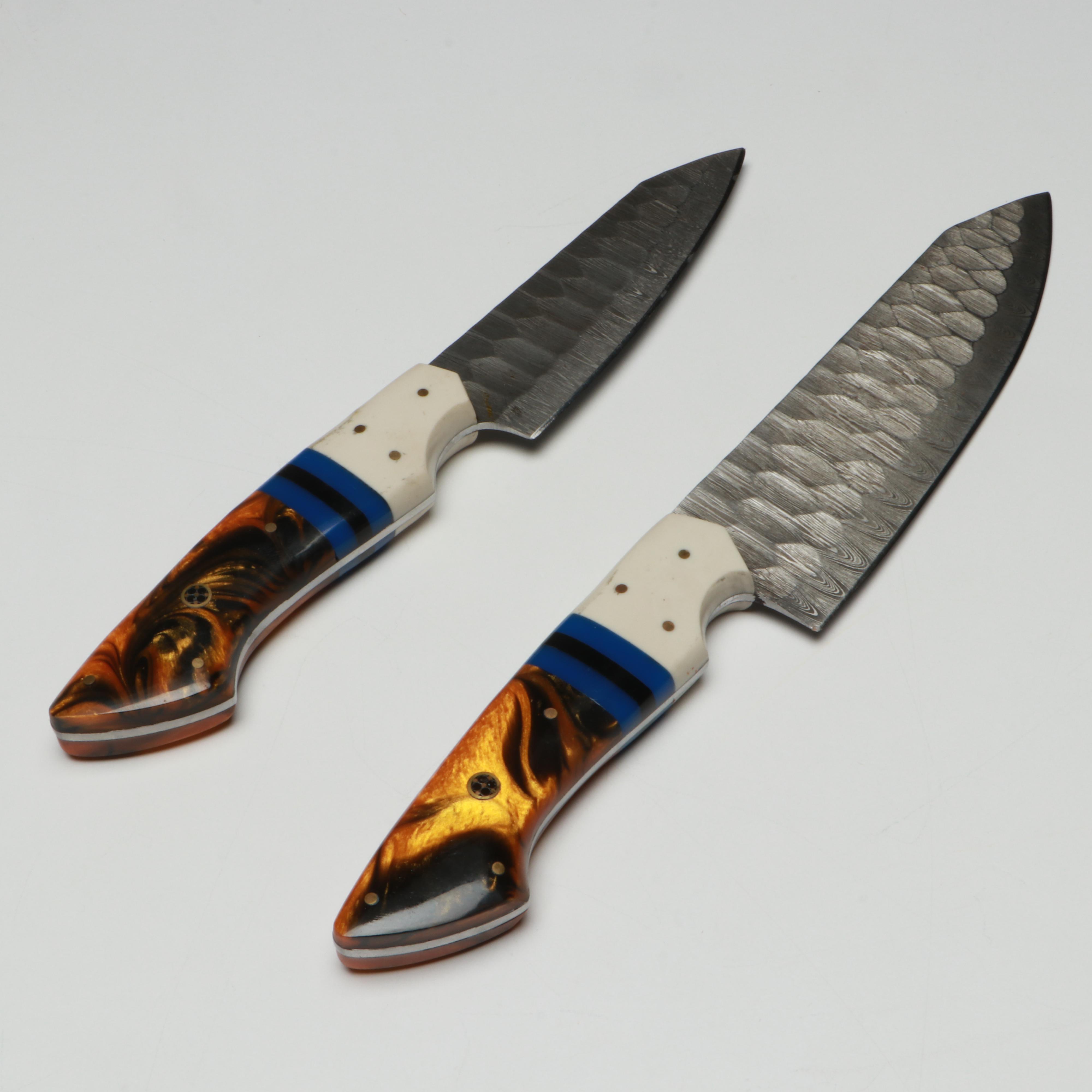 Damascus Steel and Marbled Handle Chef's Knife Set in Suede Leather Roll
