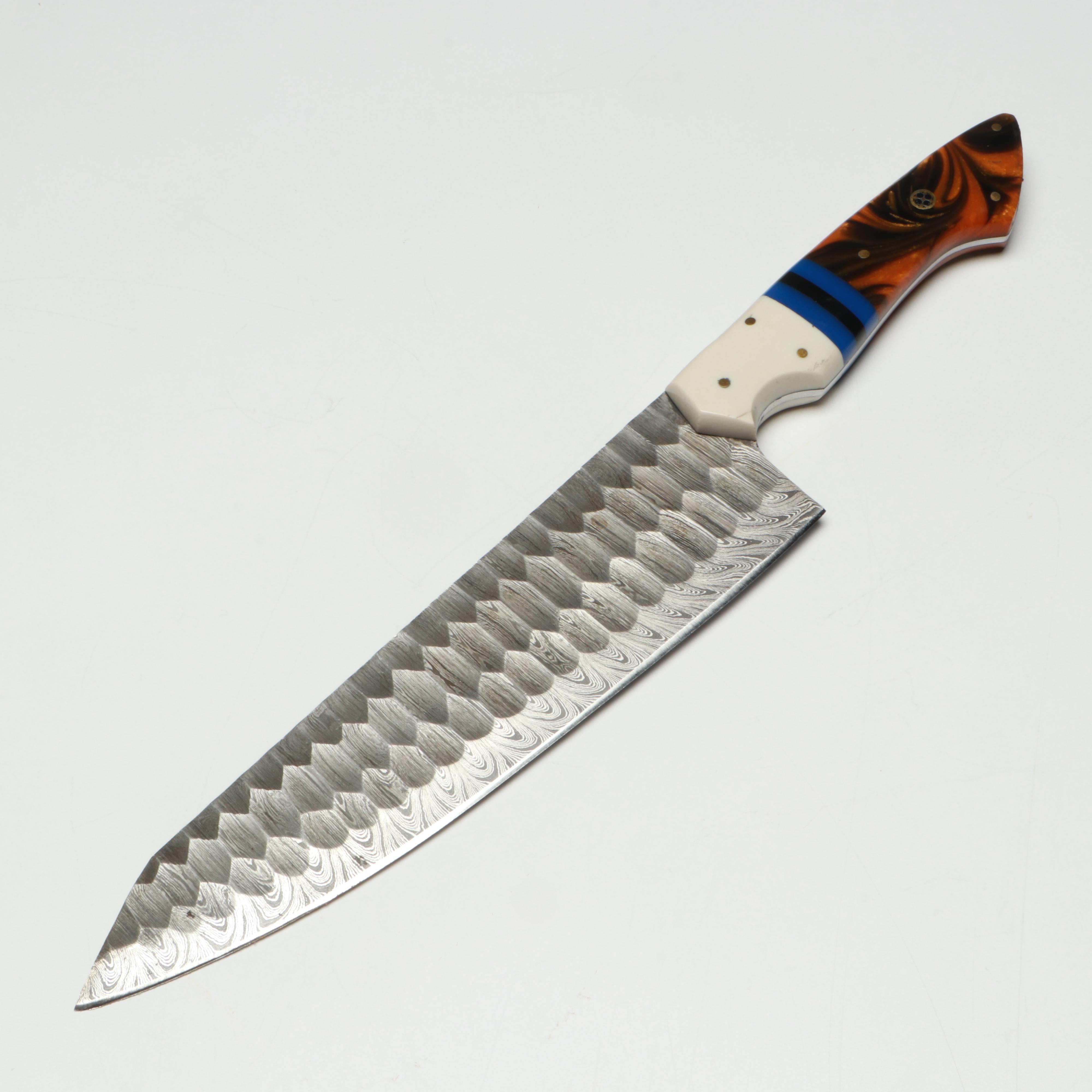 Damascus Steel and Marbled Handle Chef's Knife Set in Suede Leather Roll