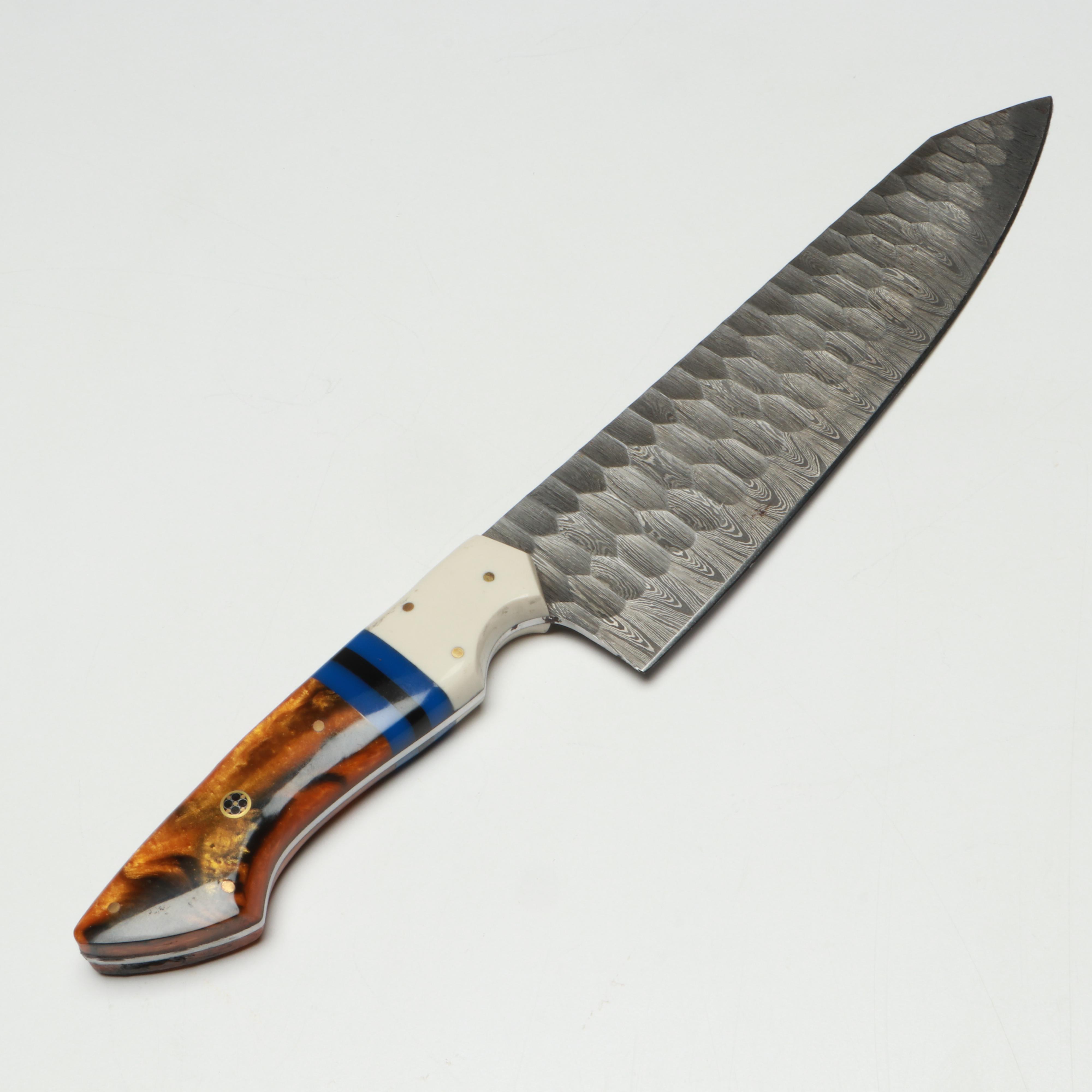 Damascus Steel and Marbled Handle Chef's Knife Set in Suede Leather Roll