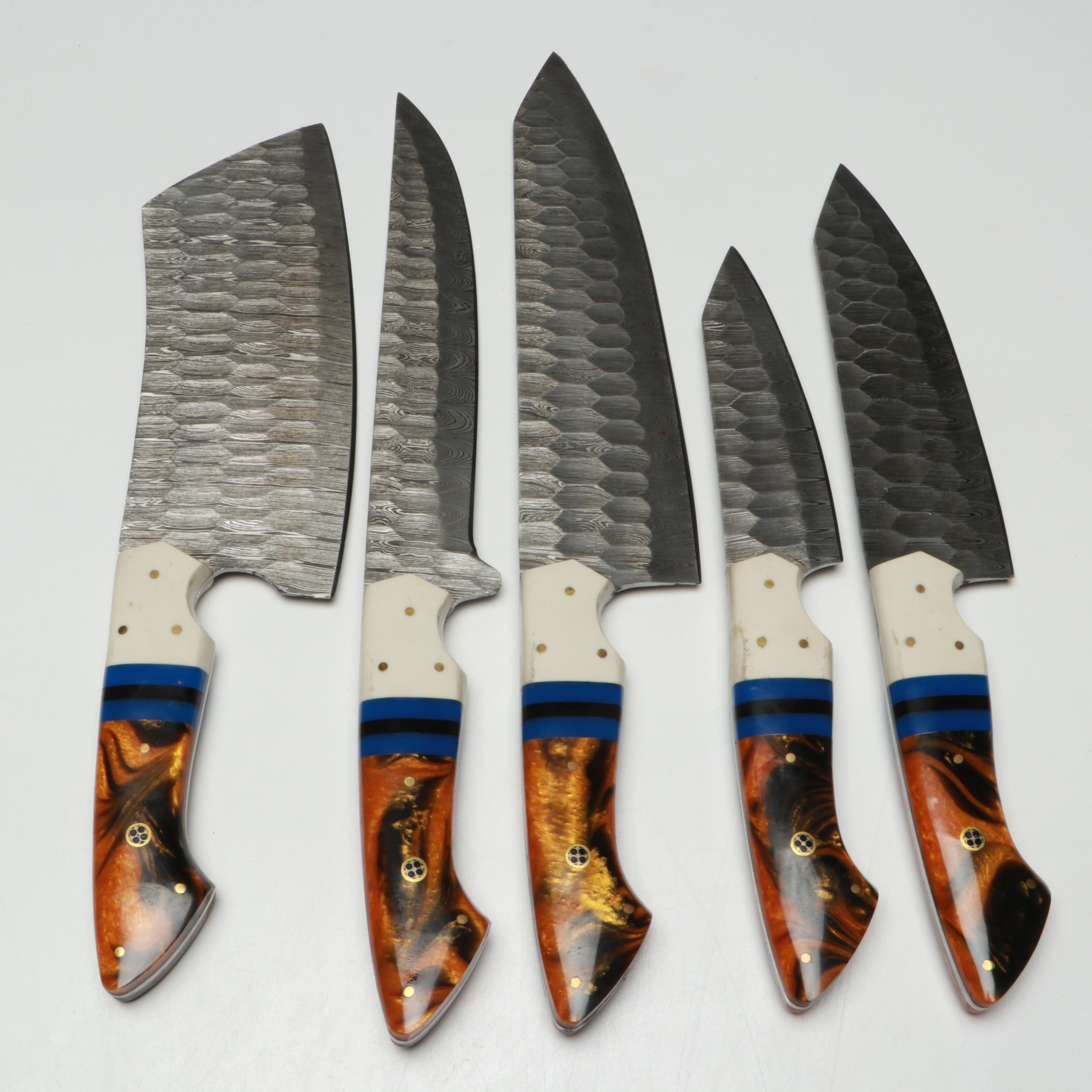Damascus Steel and Marbled Handle Chef's Knife Set in Suede Leather Roll
