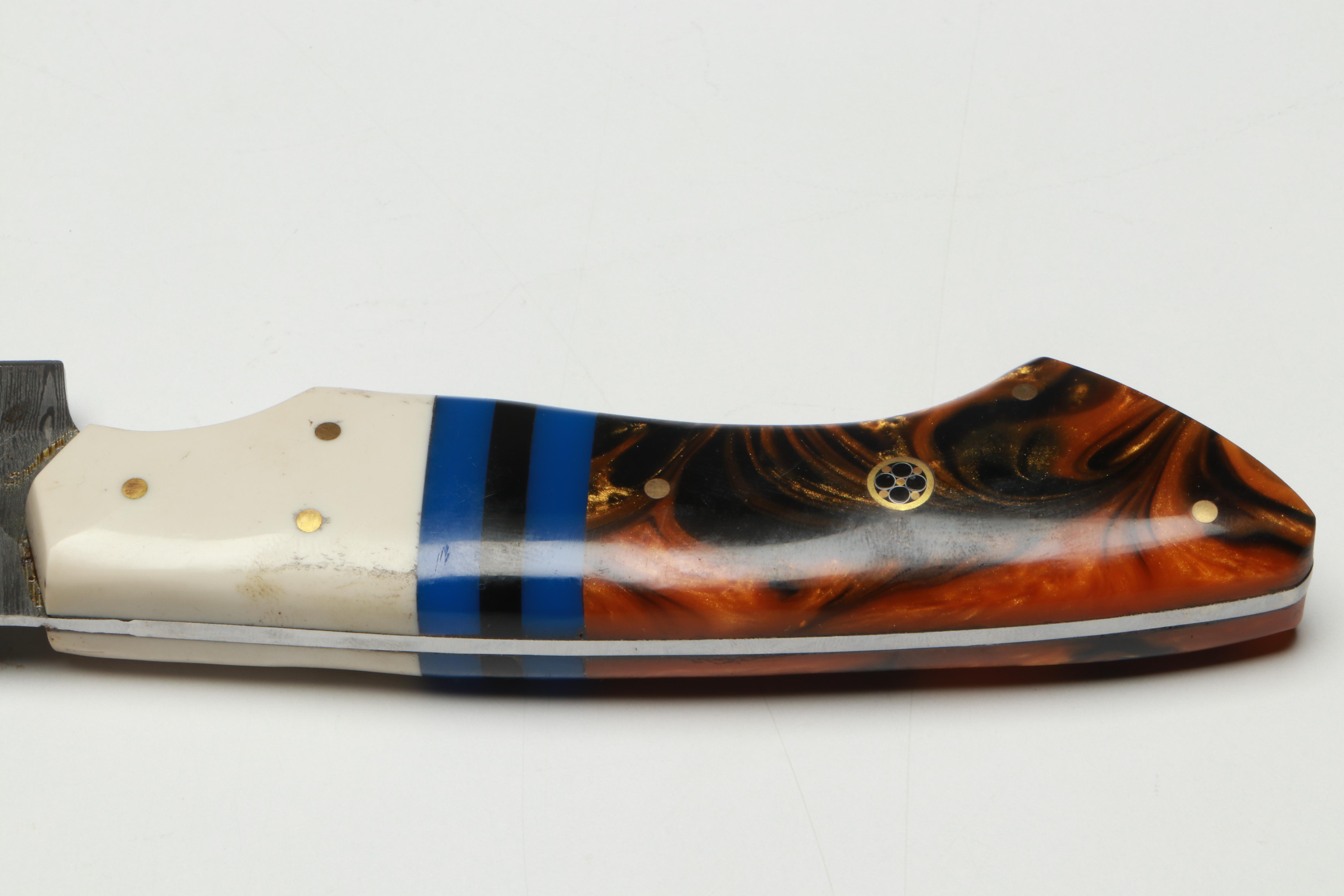 Damascus Steel and Marbled Handle Chef's Knife Set in Suede Leather Roll