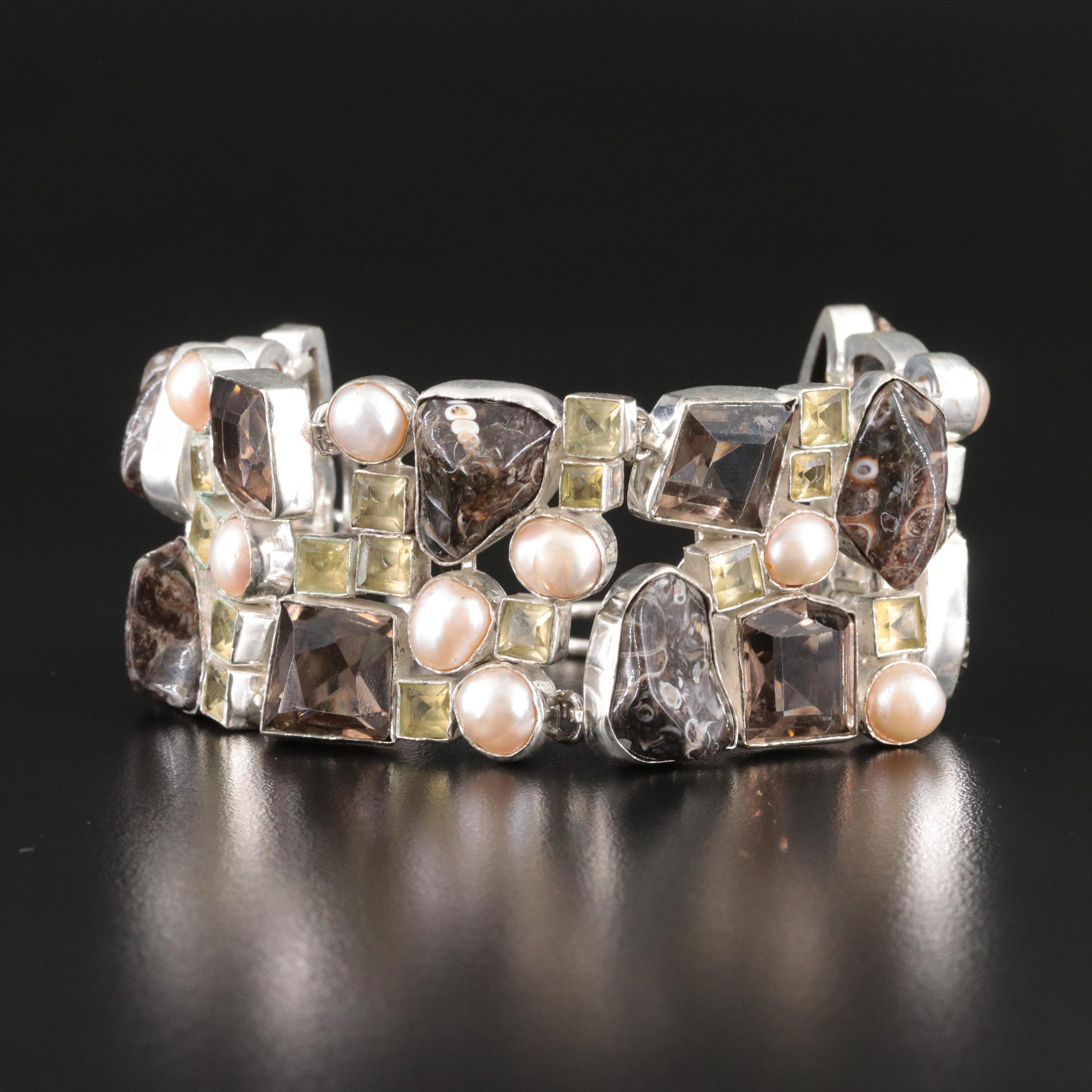 Sterling Jasper, Smoky Quartz and Gemstone Panel Bracelet