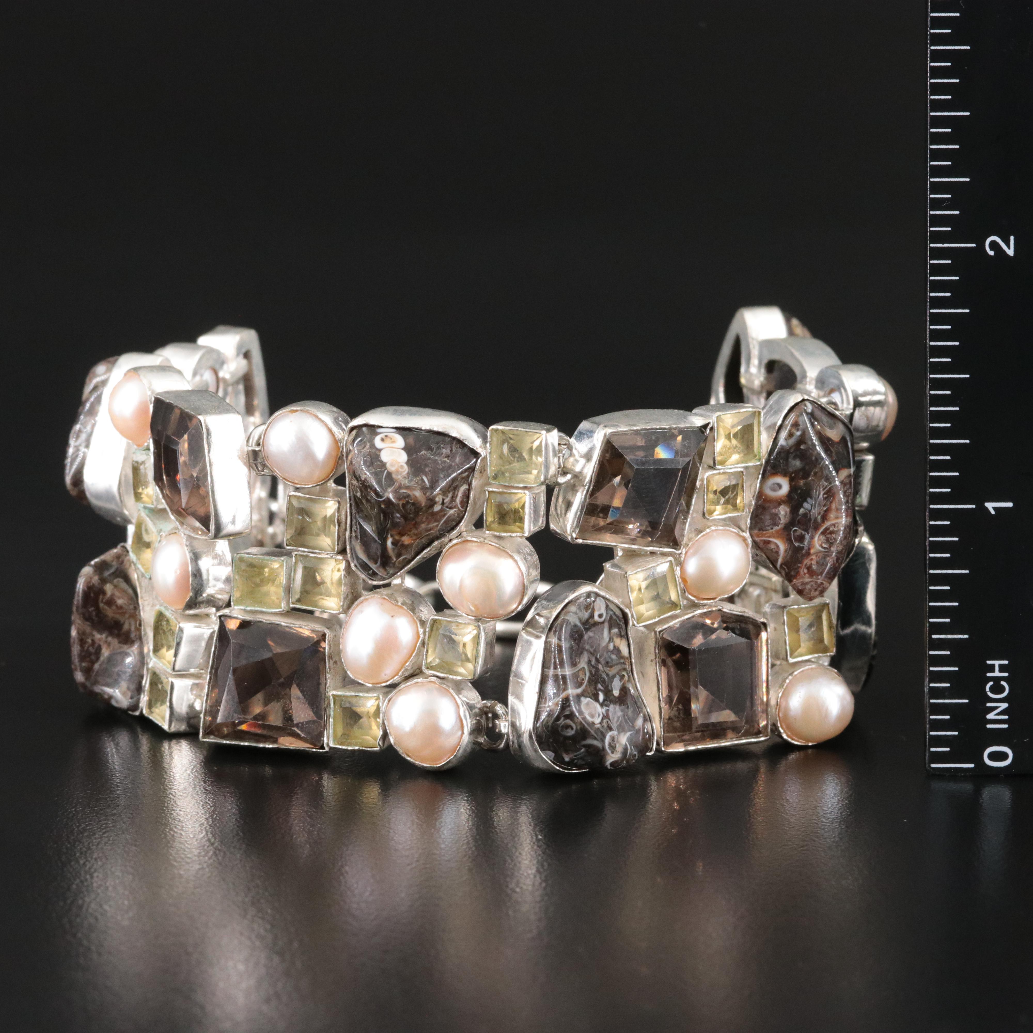 Sterling Jasper, Smoky Quartz and Gemstone Panel Bracelet