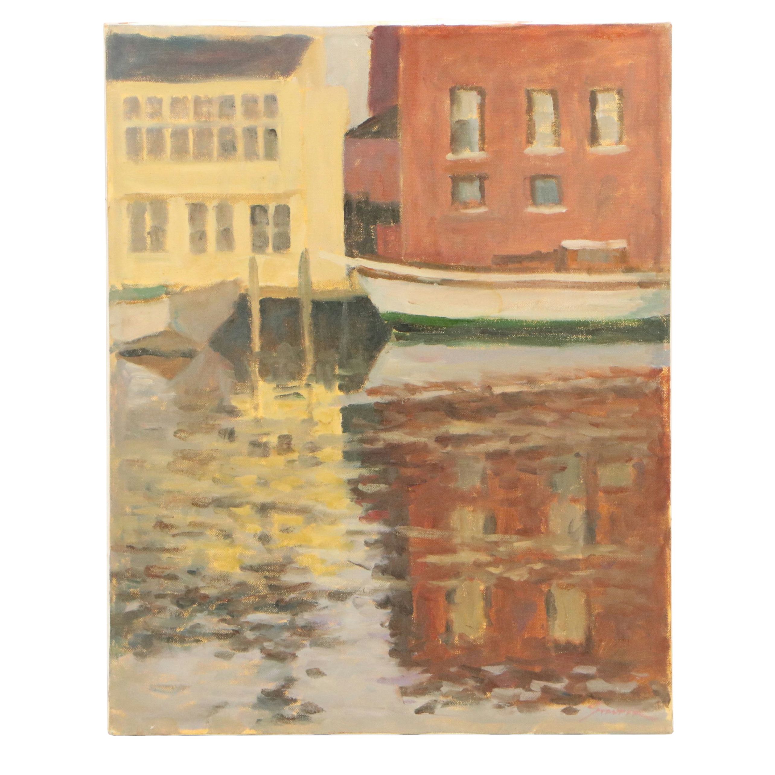 Richard Stalter Oil Painting of Canal, Mid to Late 20th Century