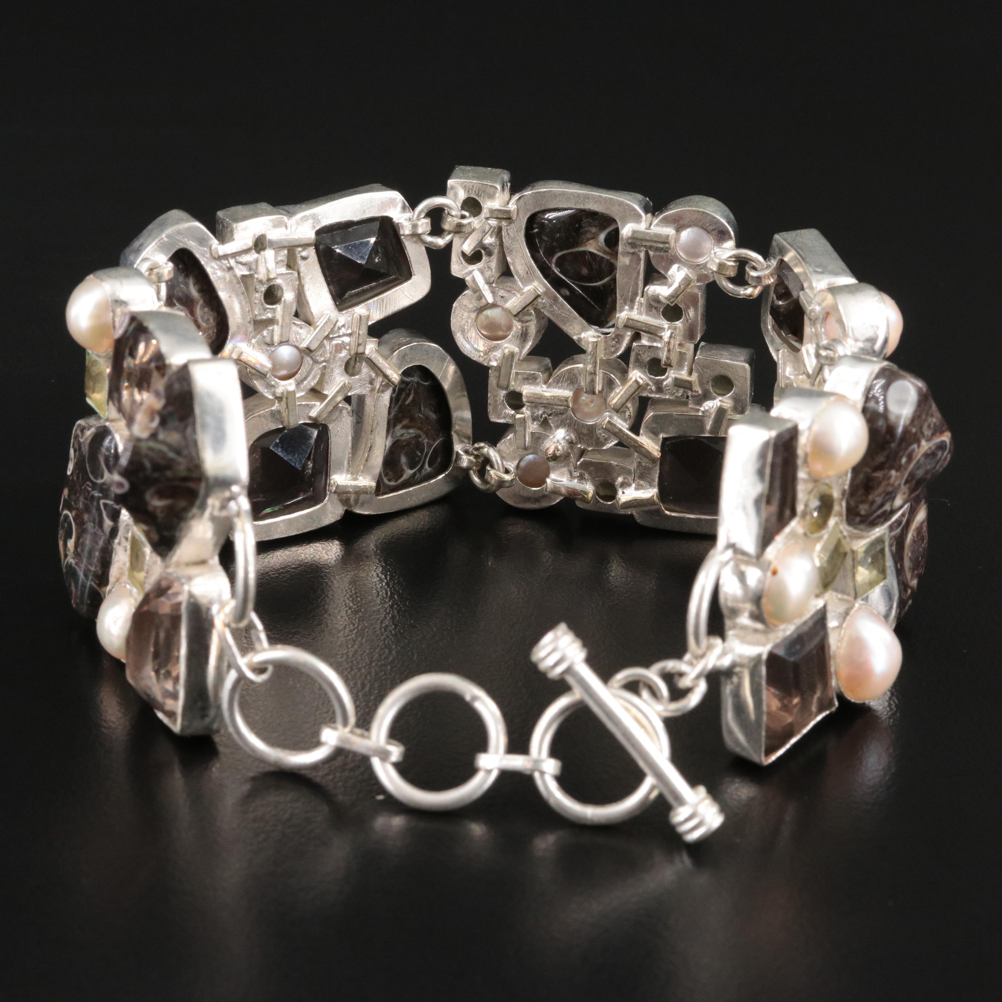 Sterling Jasper, Smoky Quartz and Gemstone Panel Bracelet