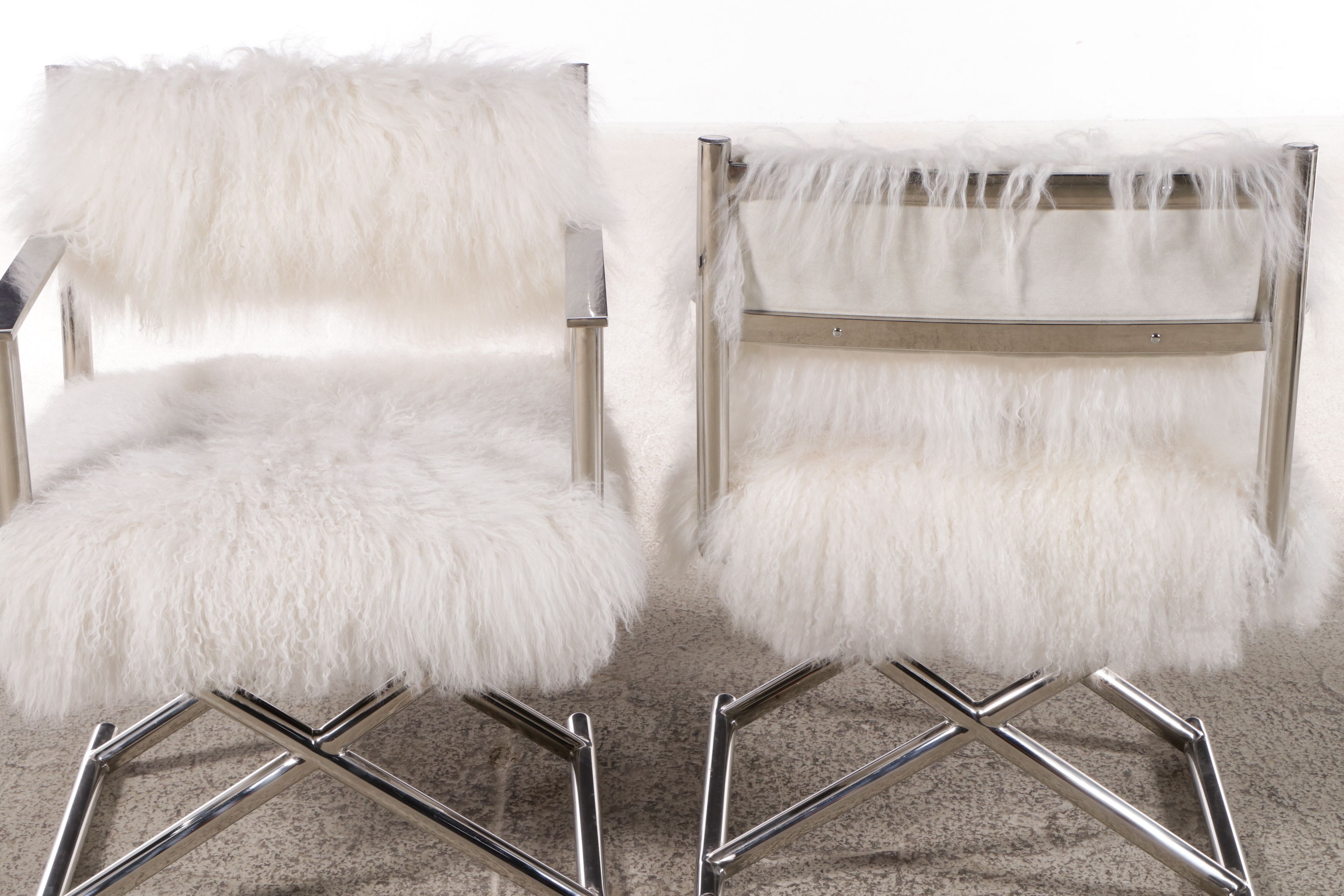 Pair of Mongolian Fur and Chromed Metal Director's Chairs, 2017