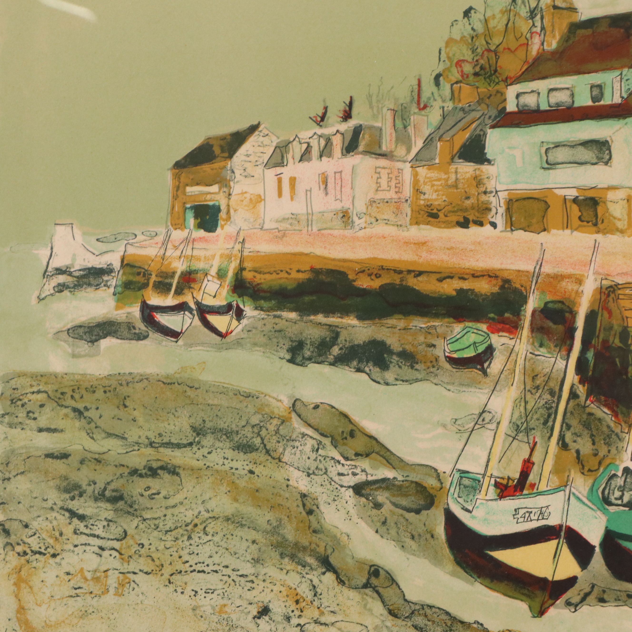 Lithograph Print of Coastal Town Scene, Mid-20th Century