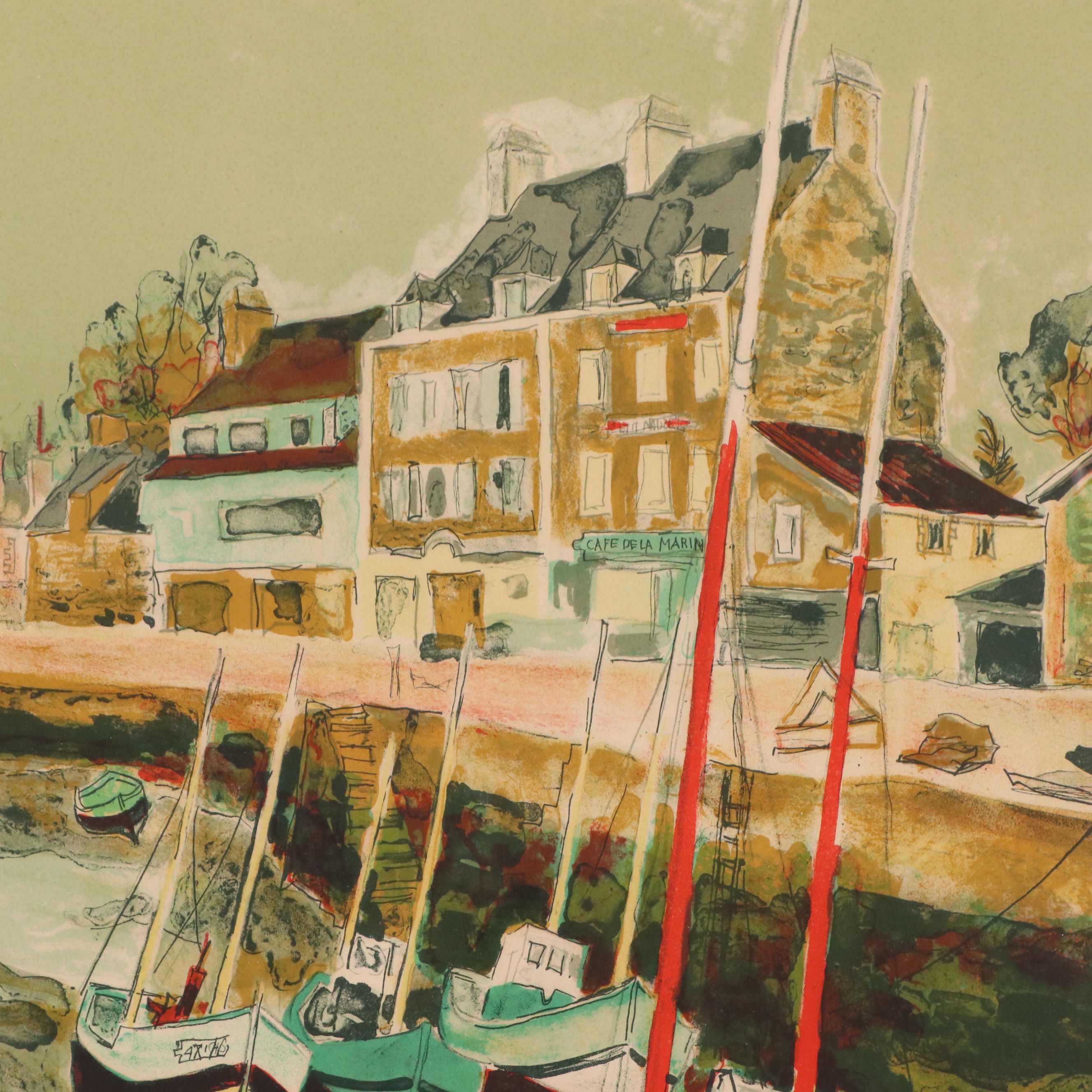 Lithograph Print of Coastal Town Scene, Mid-20th Century