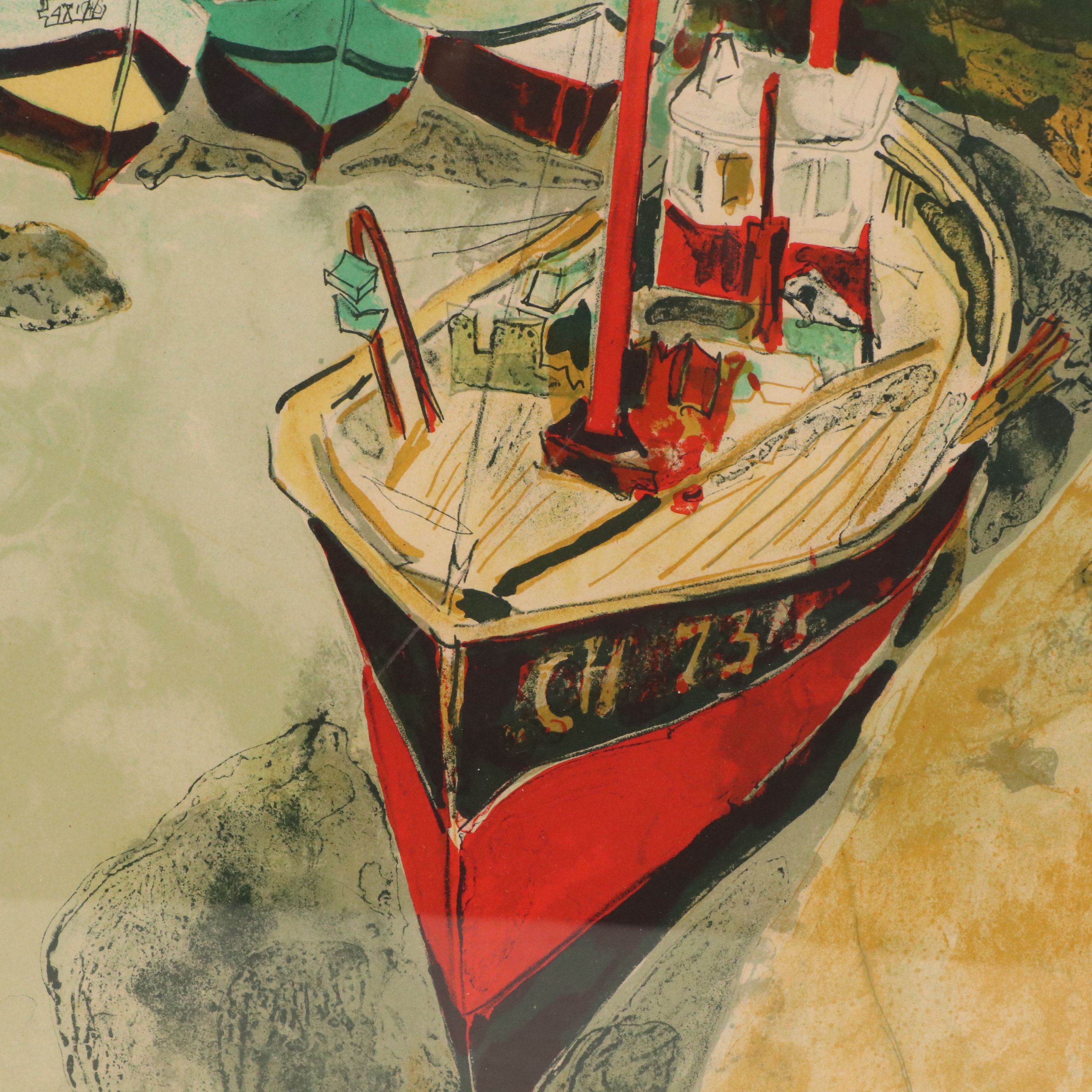 Lithograph Print of Coastal Town Scene, Mid-20th Century