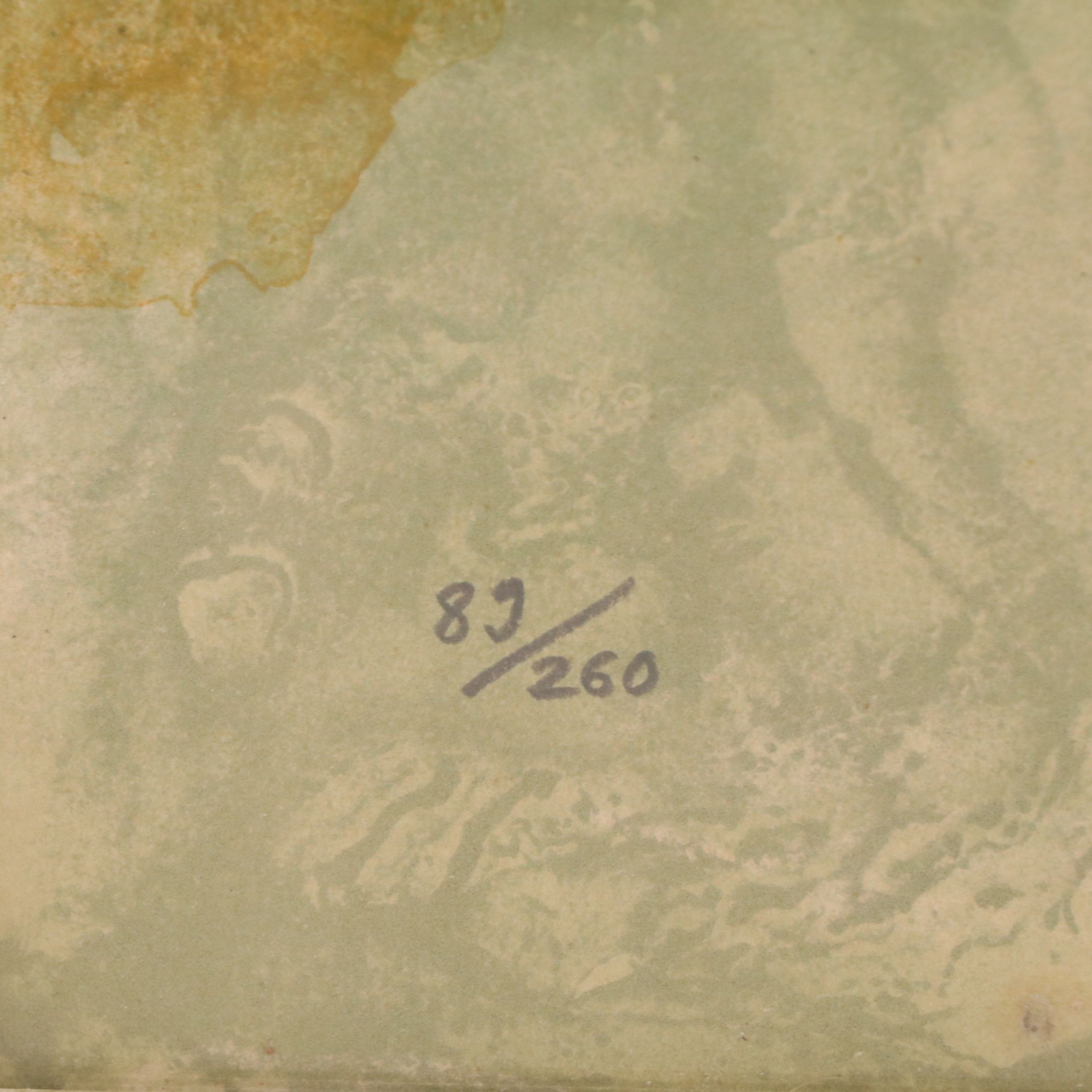 Lithograph Print of Coastal Town Scene, Mid-20th Century