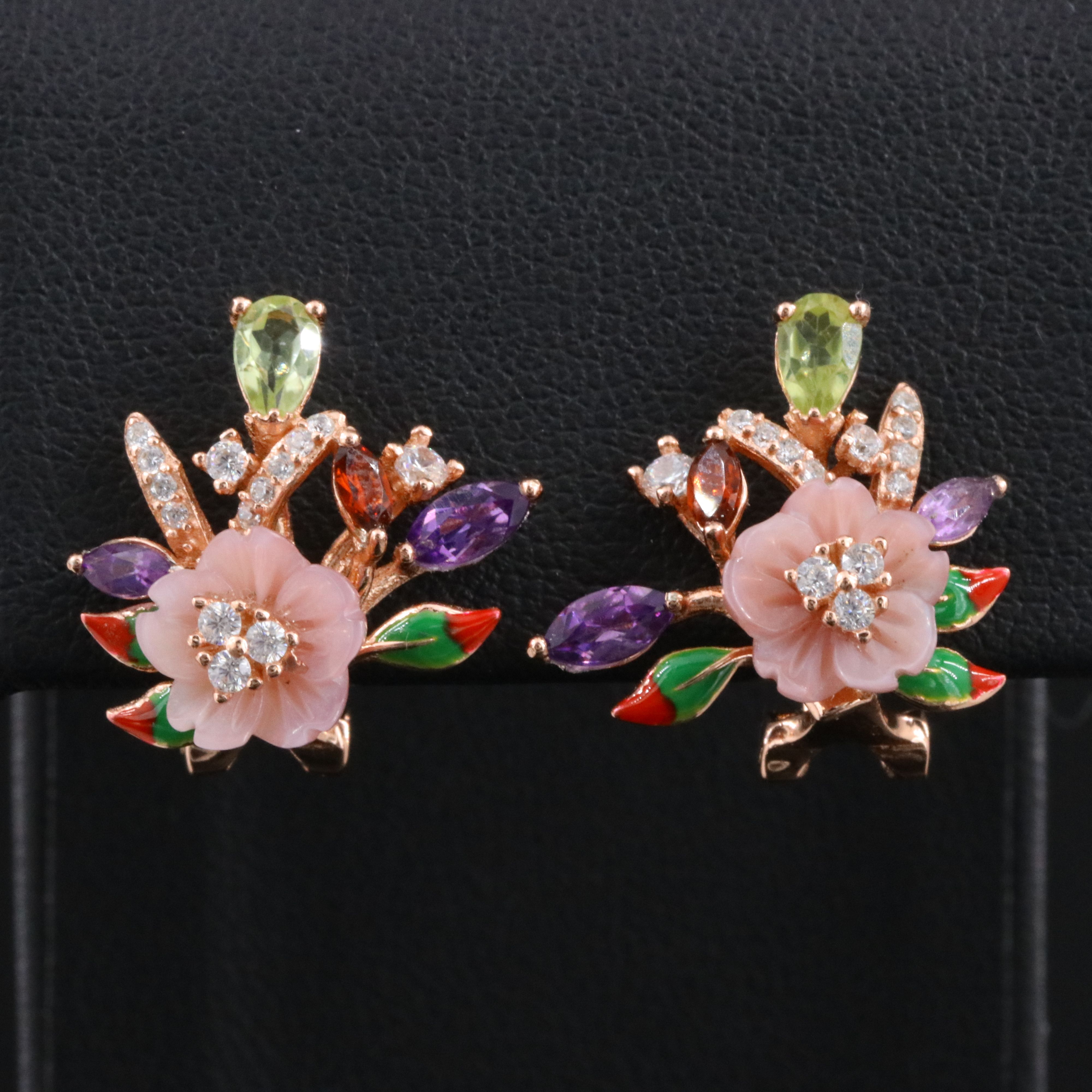Sterling Mother-of-Pearl, Amethyst and CZ Floral Earrings
