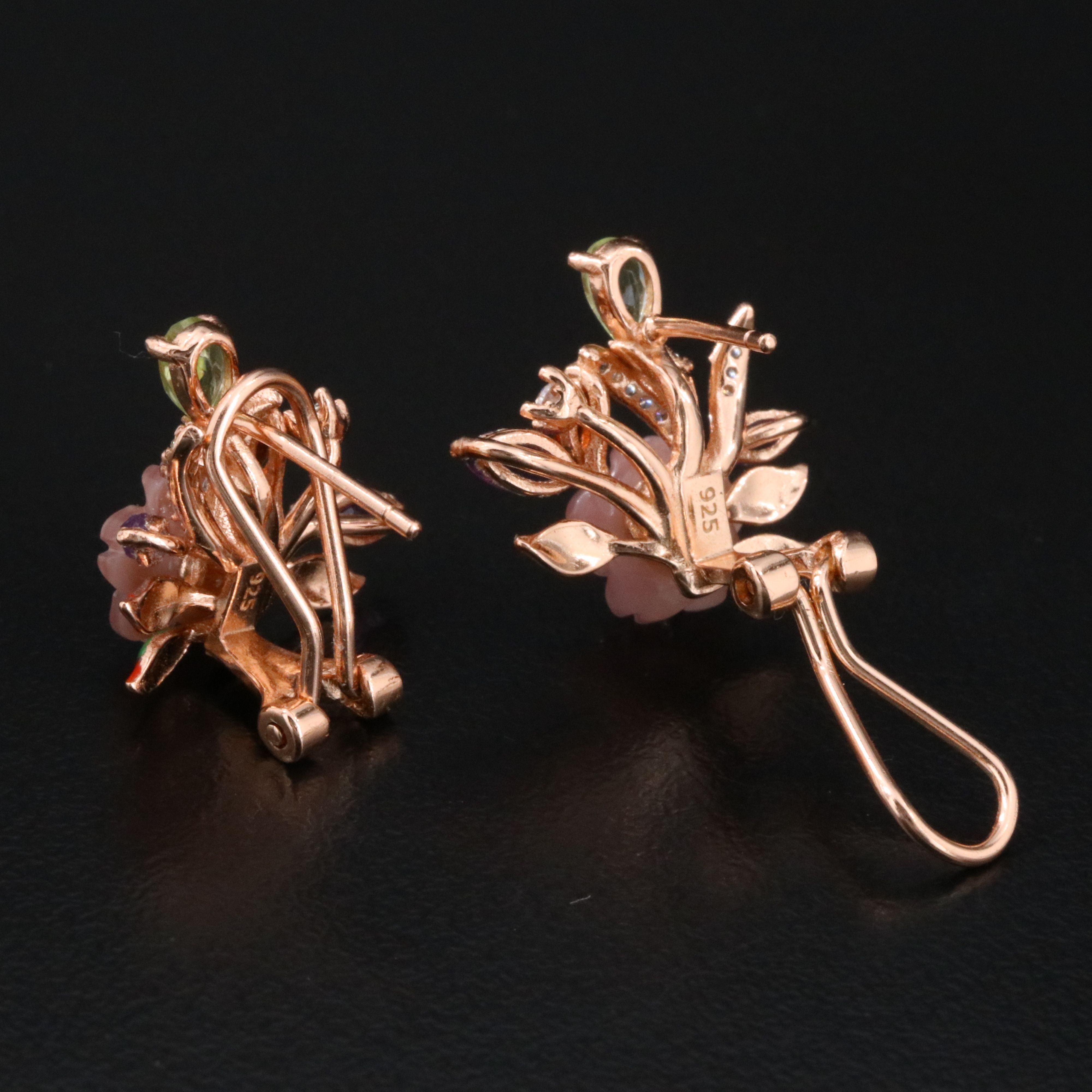 Sterling Mother-of-Pearl, Amethyst and CZ Floral Earrings