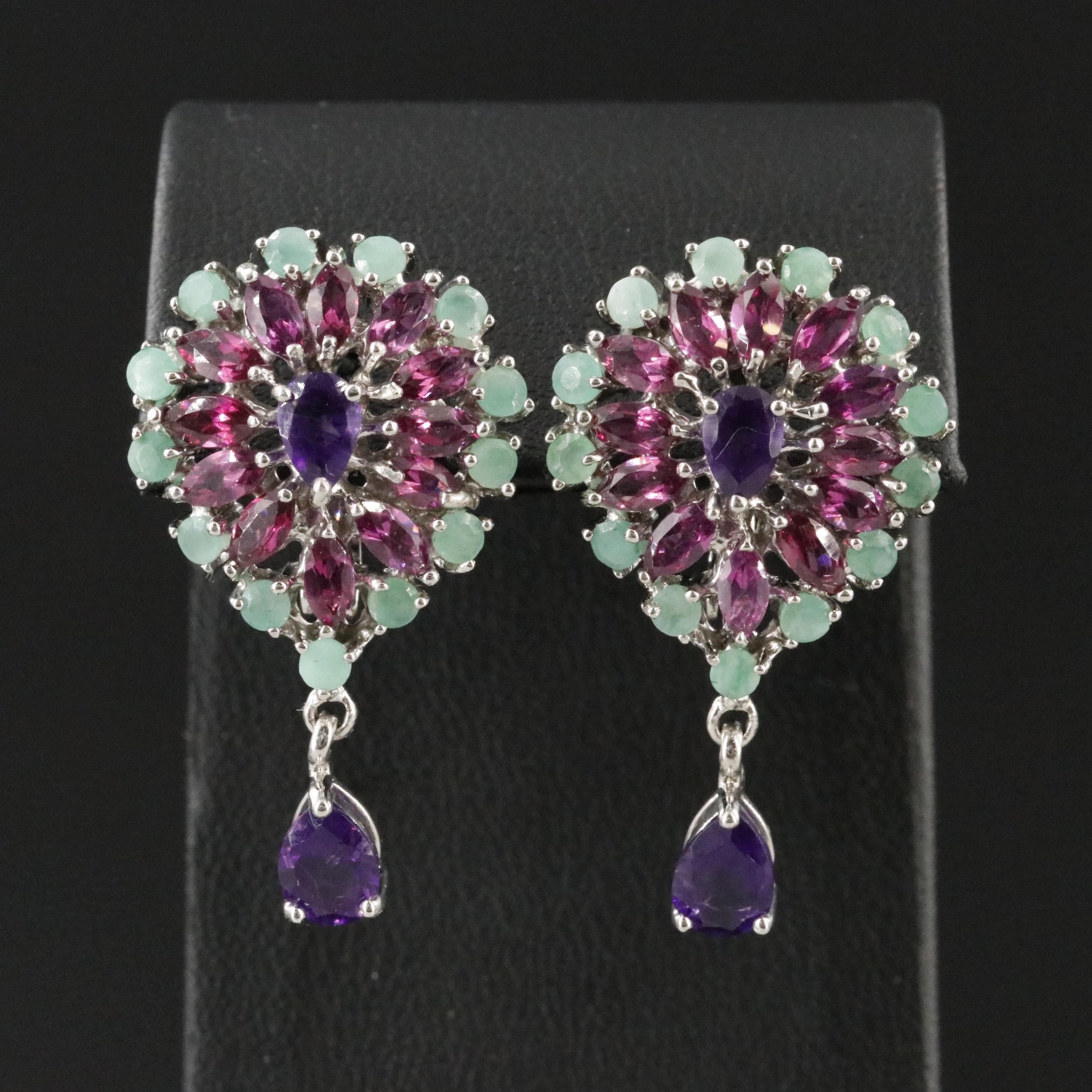 Sterling Amethyst, Garnet, and Emerald Drop Earrings
