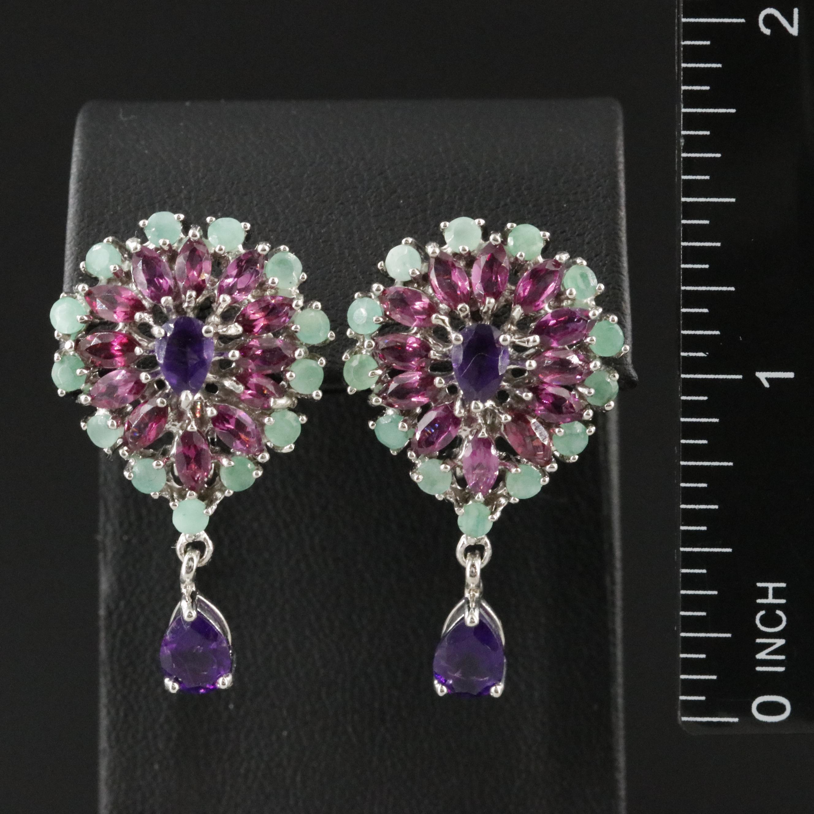 Sterling Amethyst, Garnet, and Emerald Drop Earrings