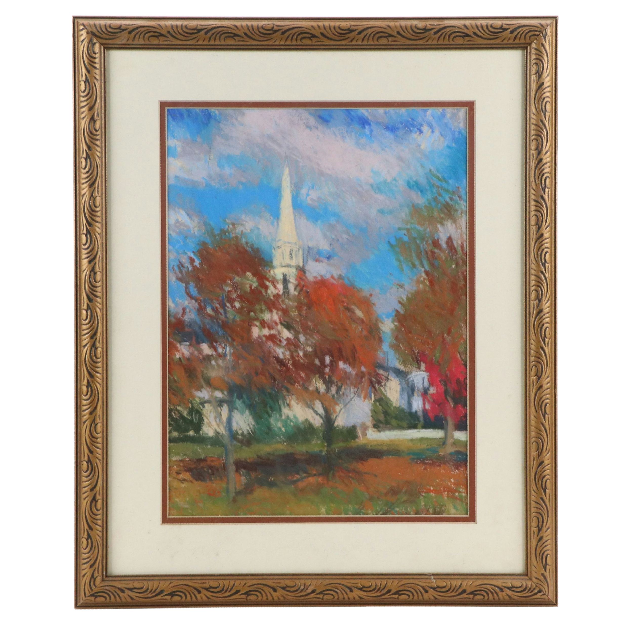 Richard Stalter Chalk Pastel Drawing of Church Landscape, 20th Century