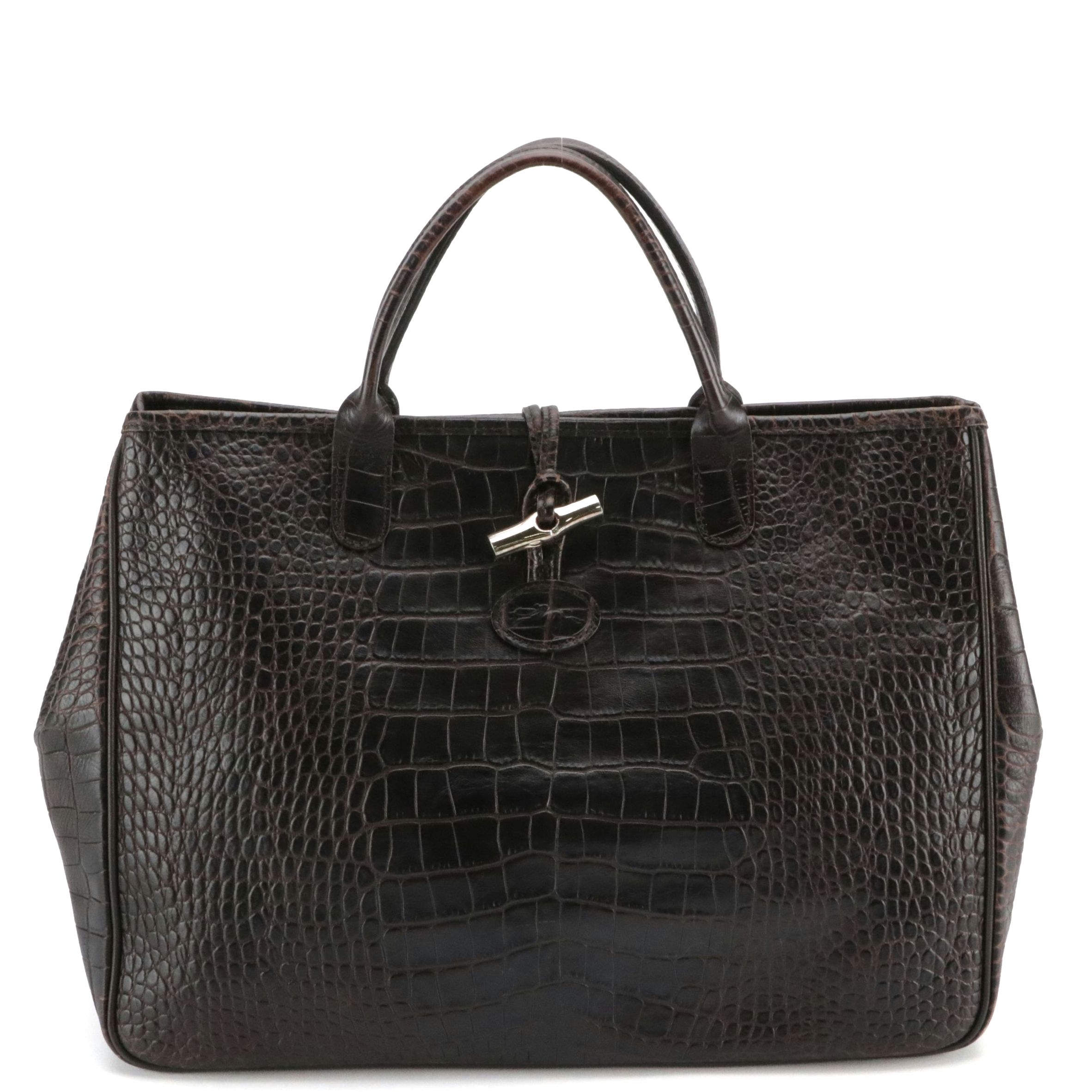 Longchamp Brown Croc-Embossed Leather Roseau Tote