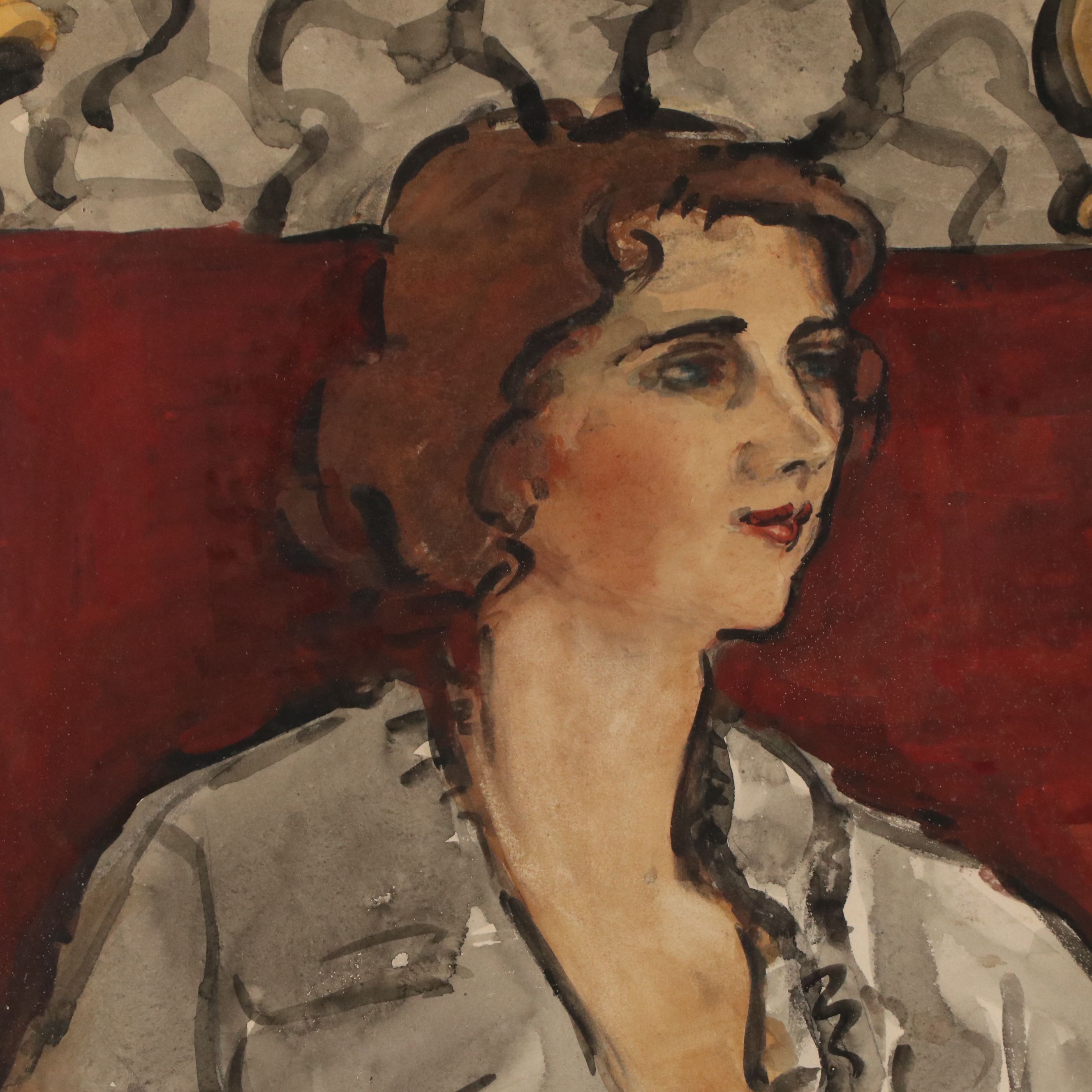 Watercolor Portrait of Woman in Gray Shirt, Mid-20th Century