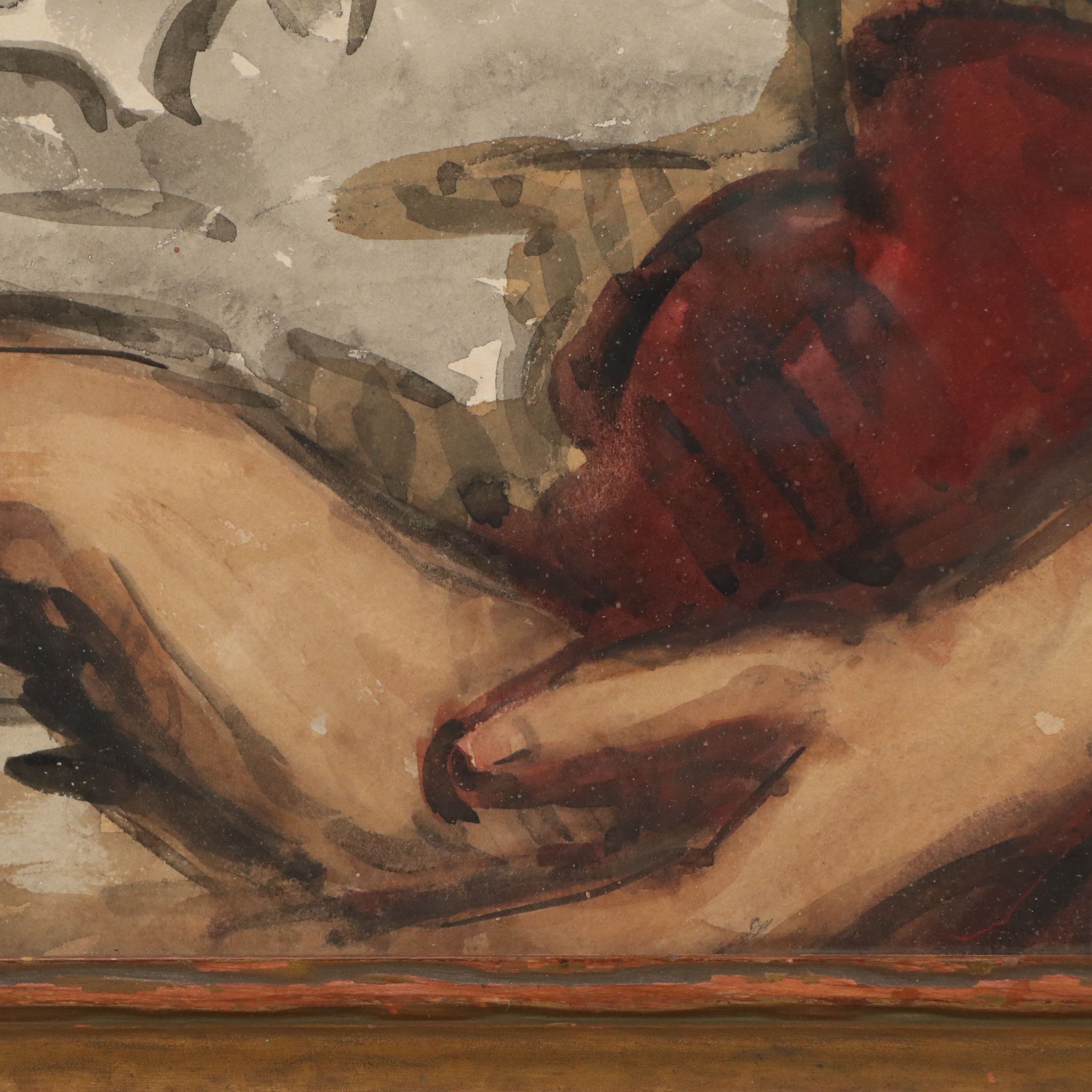 Watercolor Portrait of Woman in Gray Shirt, Mid-20th Century