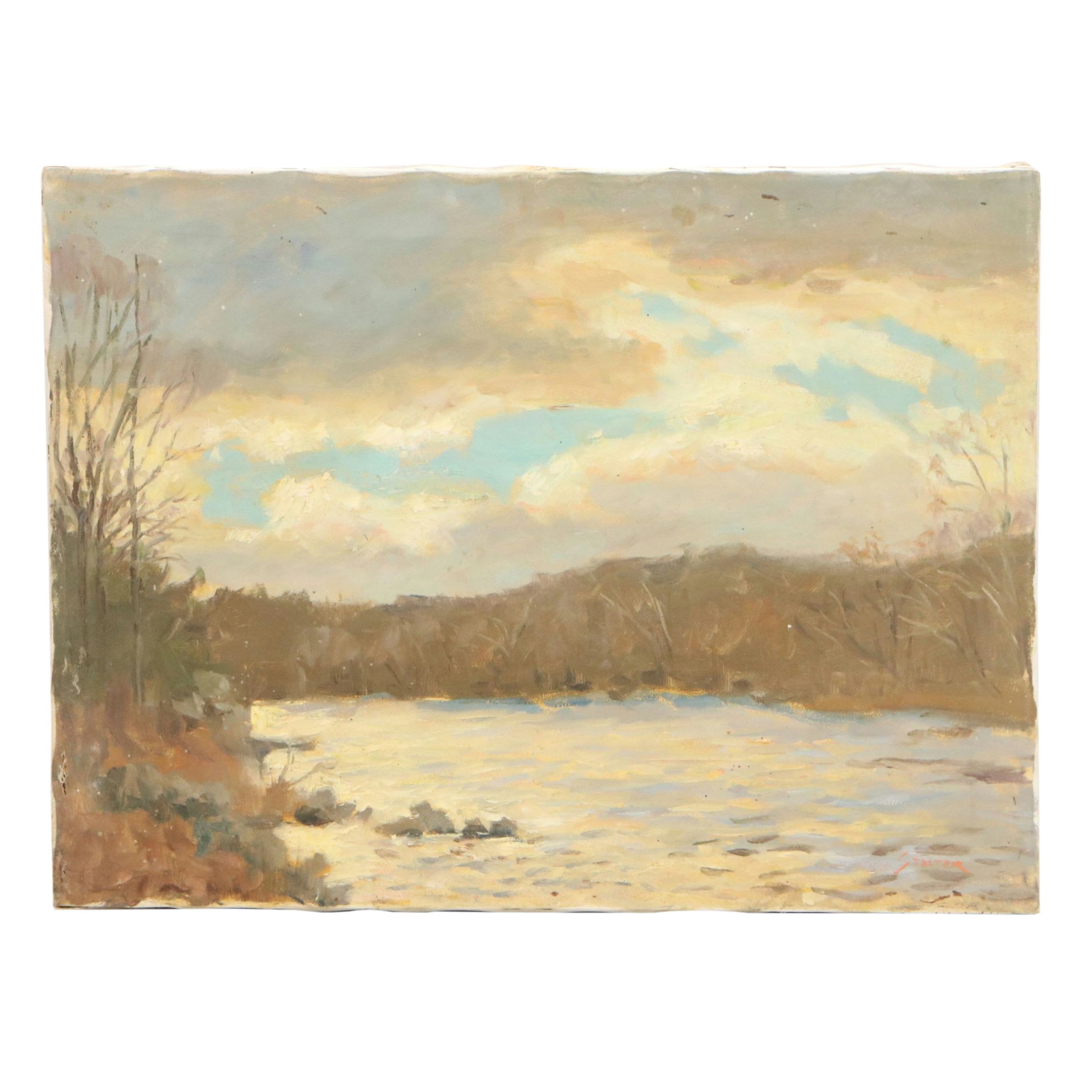 Richard Stalter Oil Painting of River in Winter, Mid to Late 20th Century