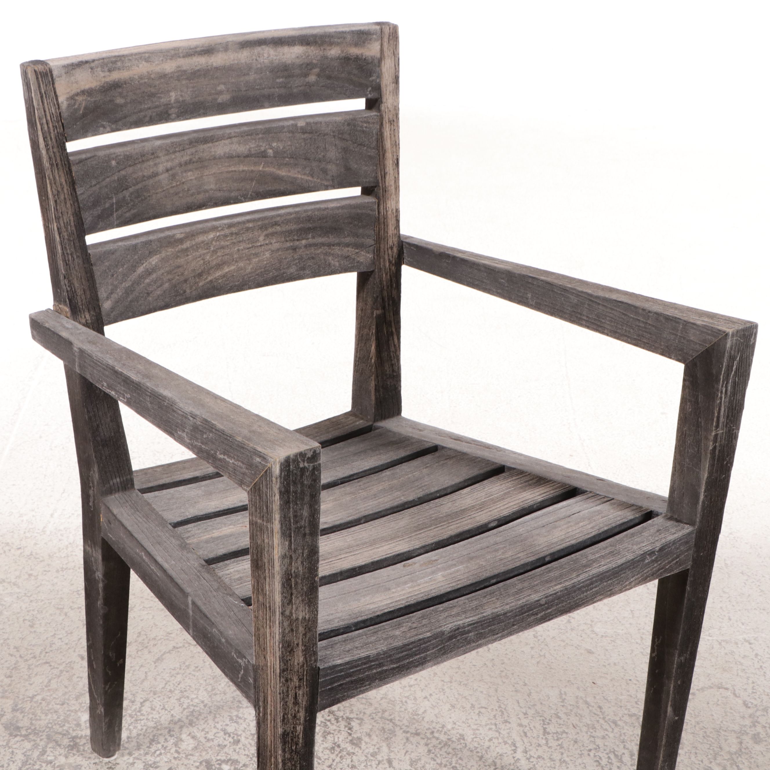 Set of Six Contemporary Weathered Teak Slat-Back Outdoor Dining Armchairs