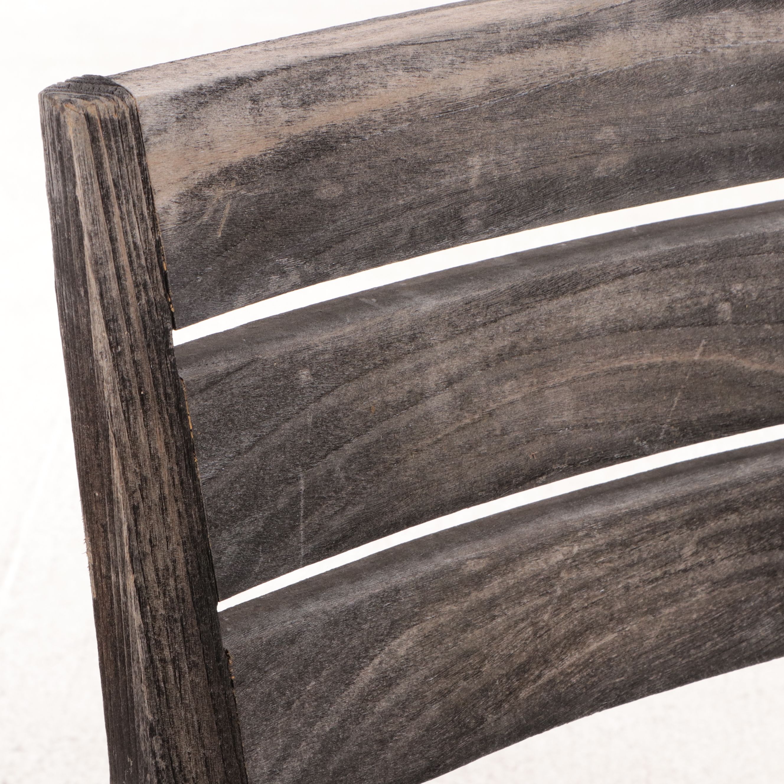 Set of Six Contemporary Weathered Teak Slat-Back Outdoor Dining Armchairs