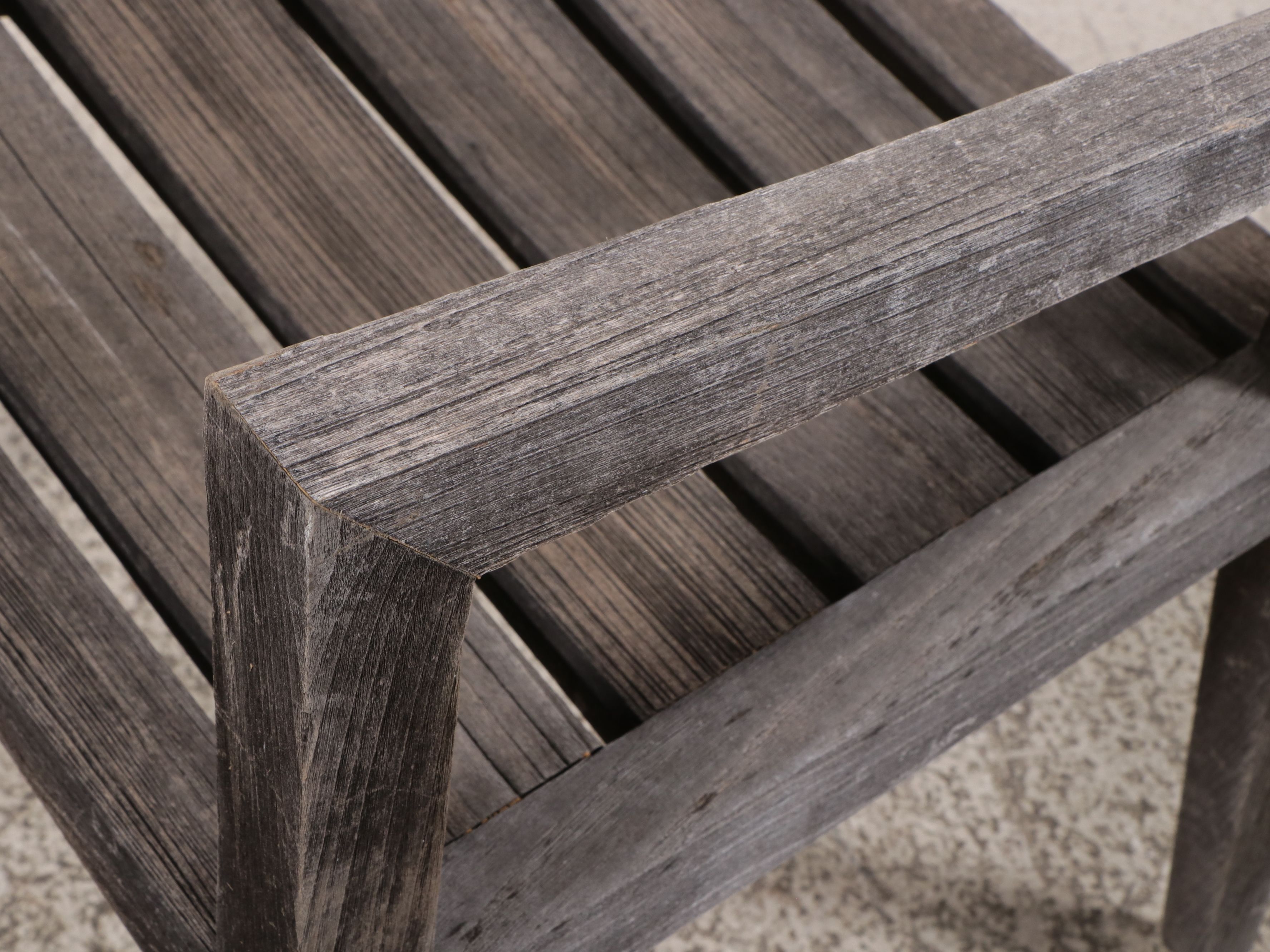 Set of Six Contemporary Weathered Teak Slat-Back Outdoor Dining Armchairs