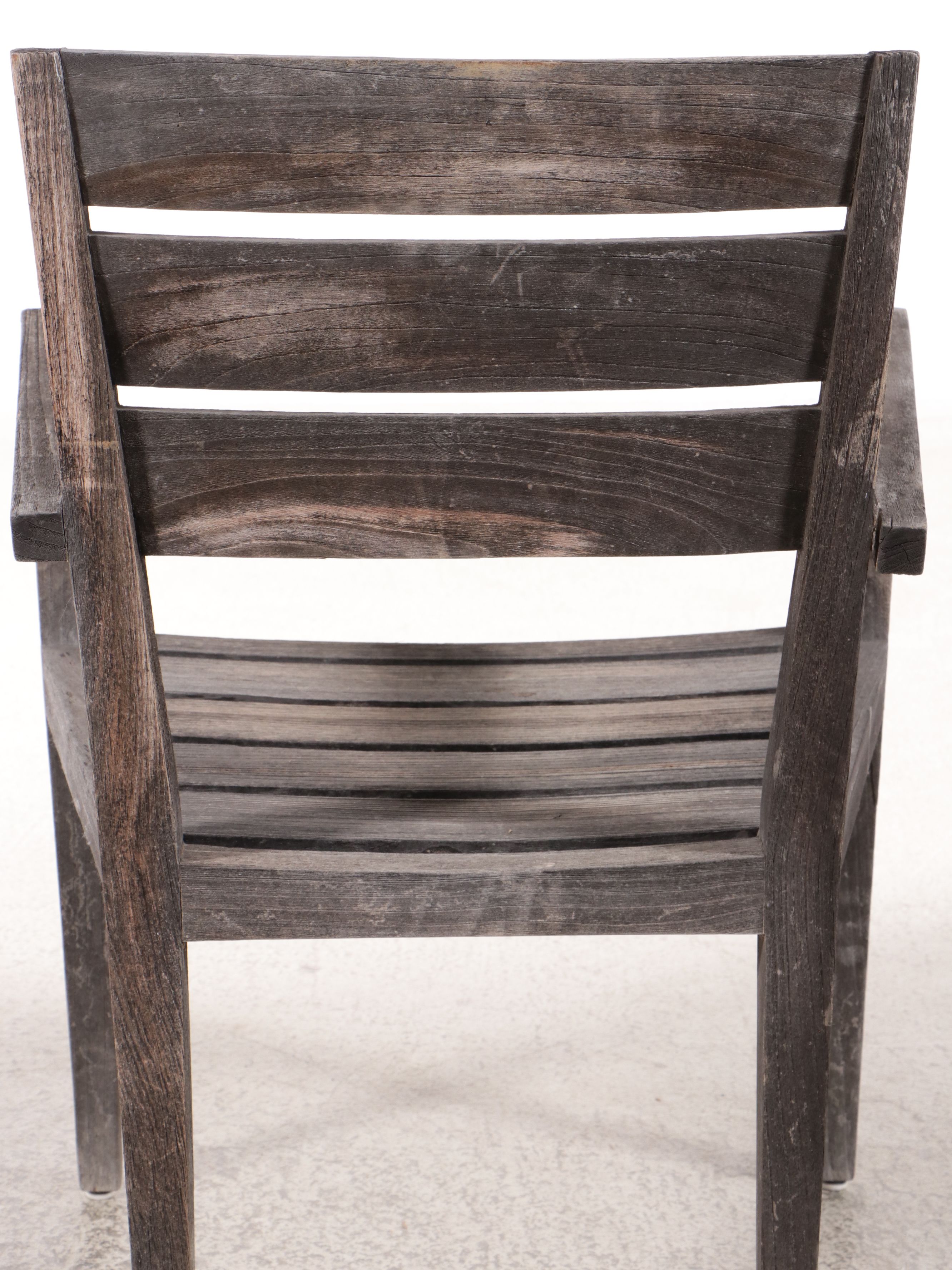 Set of Six Contemporary Weathered Teak Slat-Back Outdoor Dining Armchairs