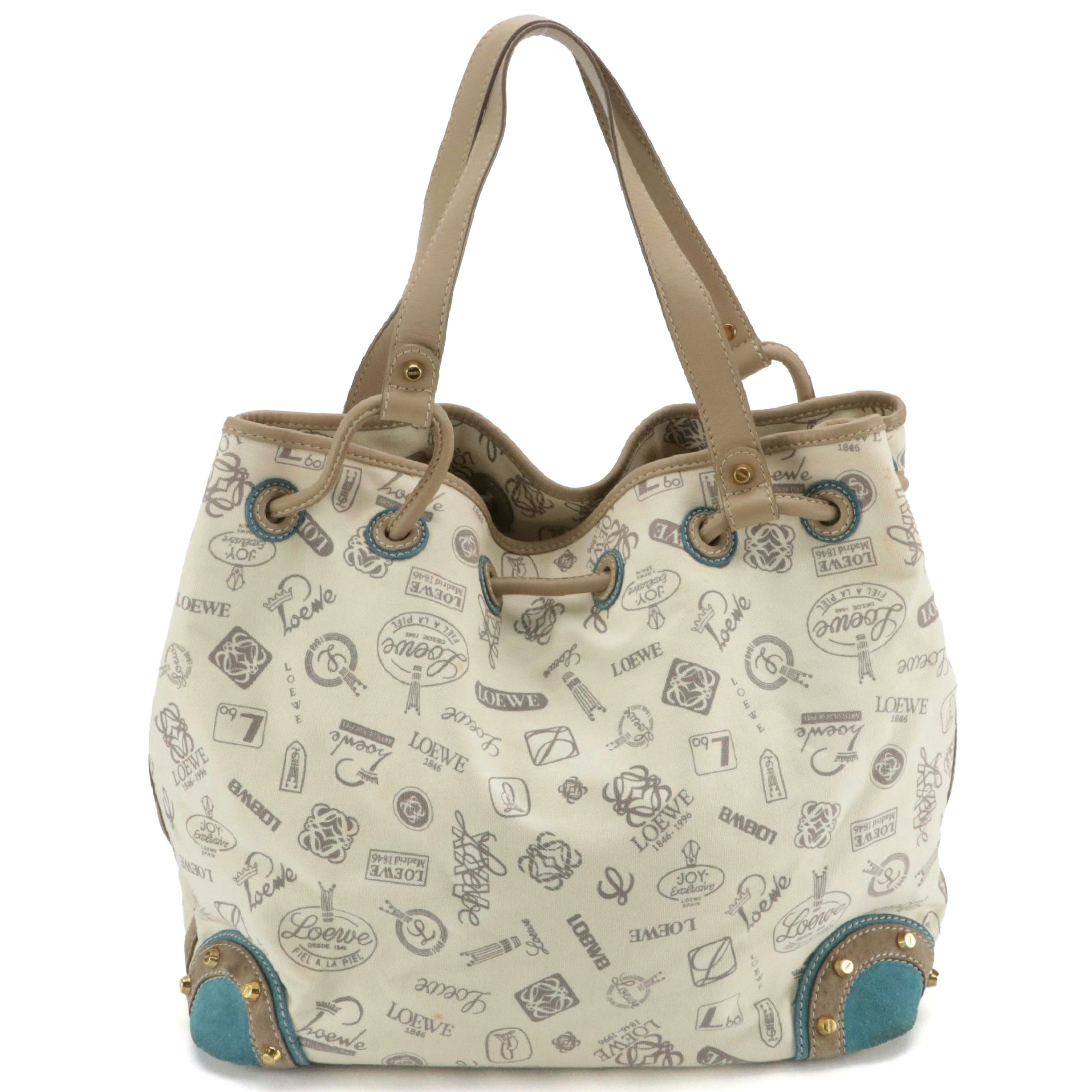 Loewe 160th Anniversary Logo Canvas and Tan Leather Drawstring Tote