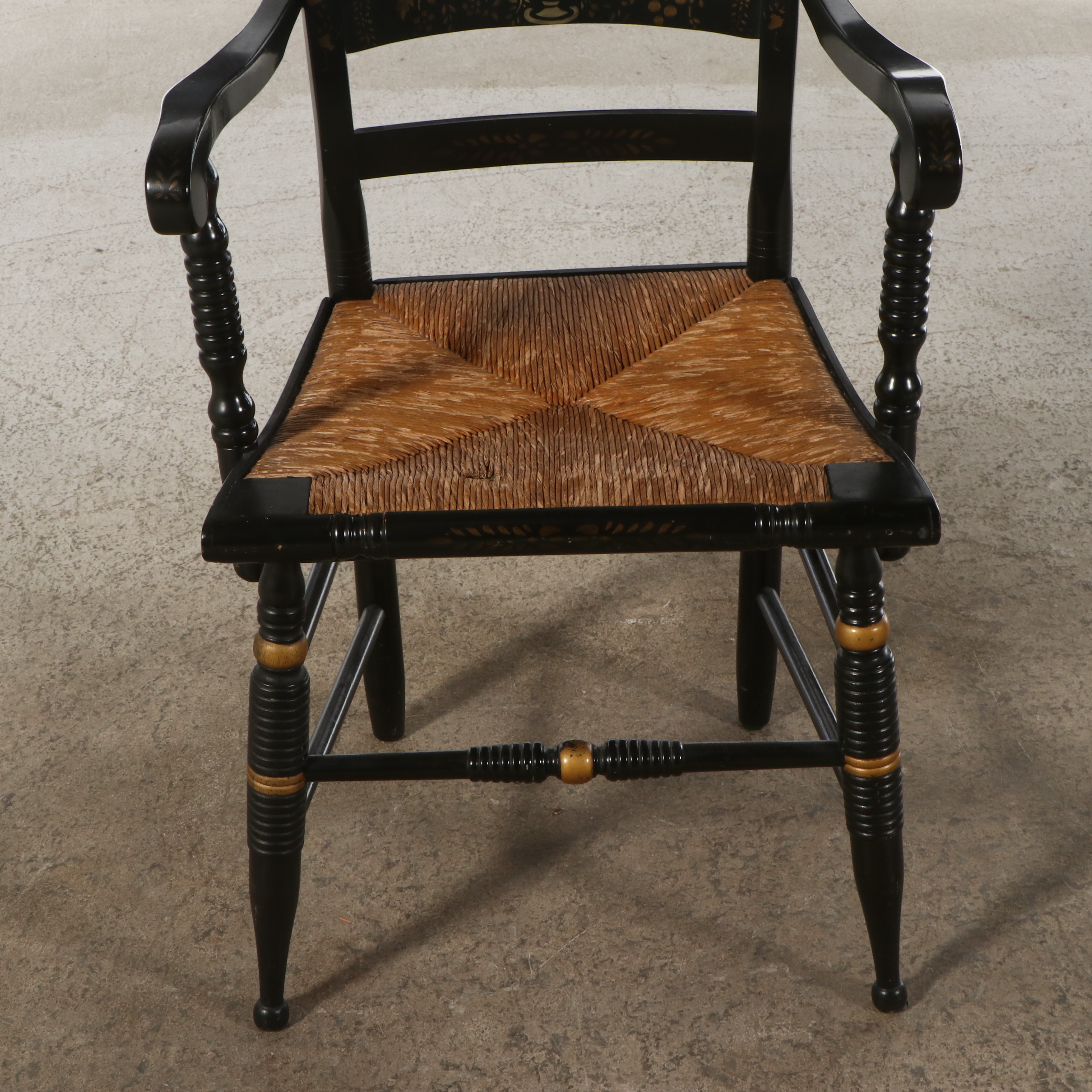 Hitchcock Style Ebonized Wood and Stencil Decorated with Rush Seats