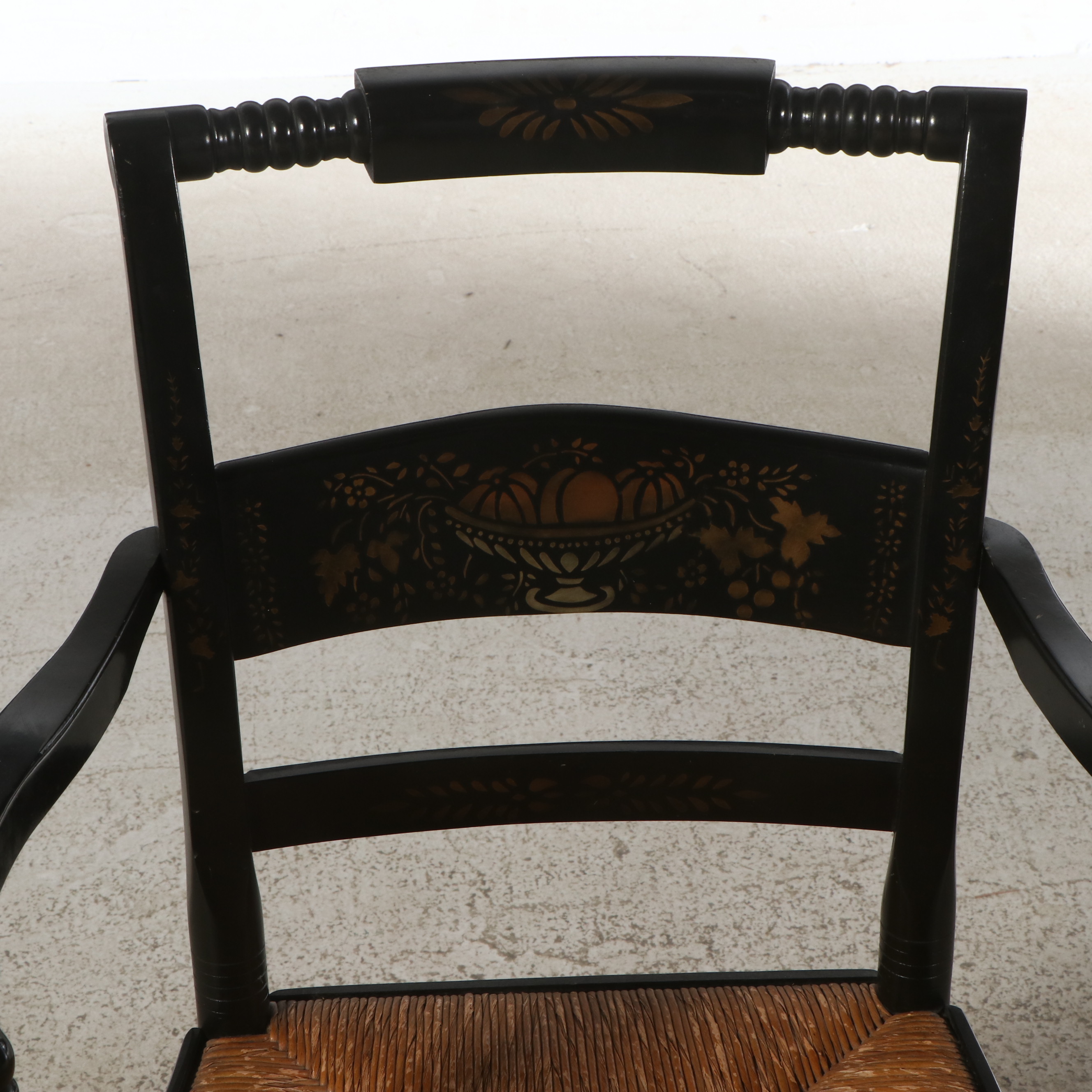 Hitchcock Style Ebonized Wood and Stencil Decorated with Rush Seats