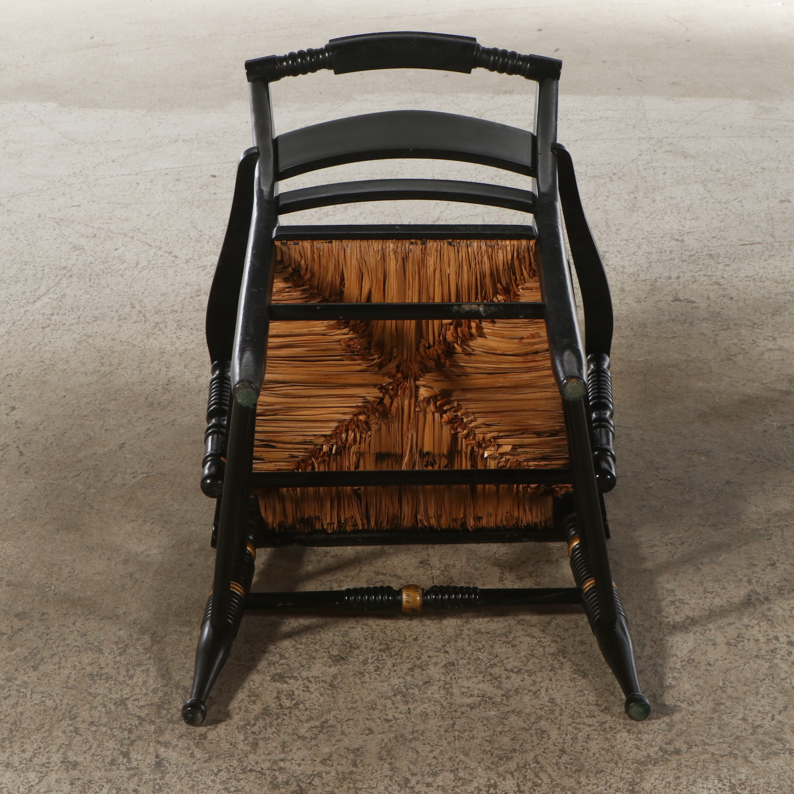 Hitchcock Style Ebonized Wood and Stencil Decorated with Rush Seats