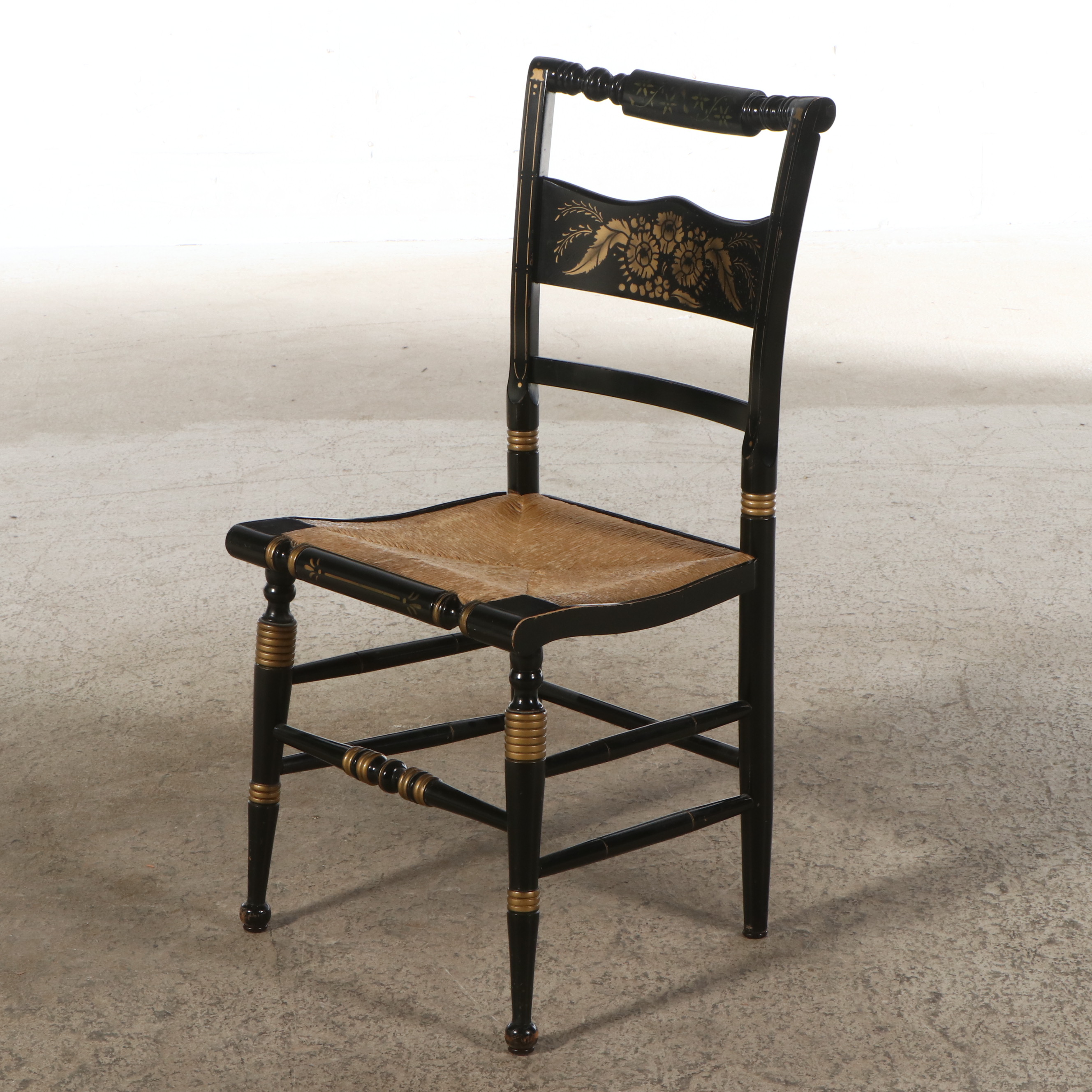 Hitchcock Style Ebonized Wood and Stencil Decorated with Rush Seats