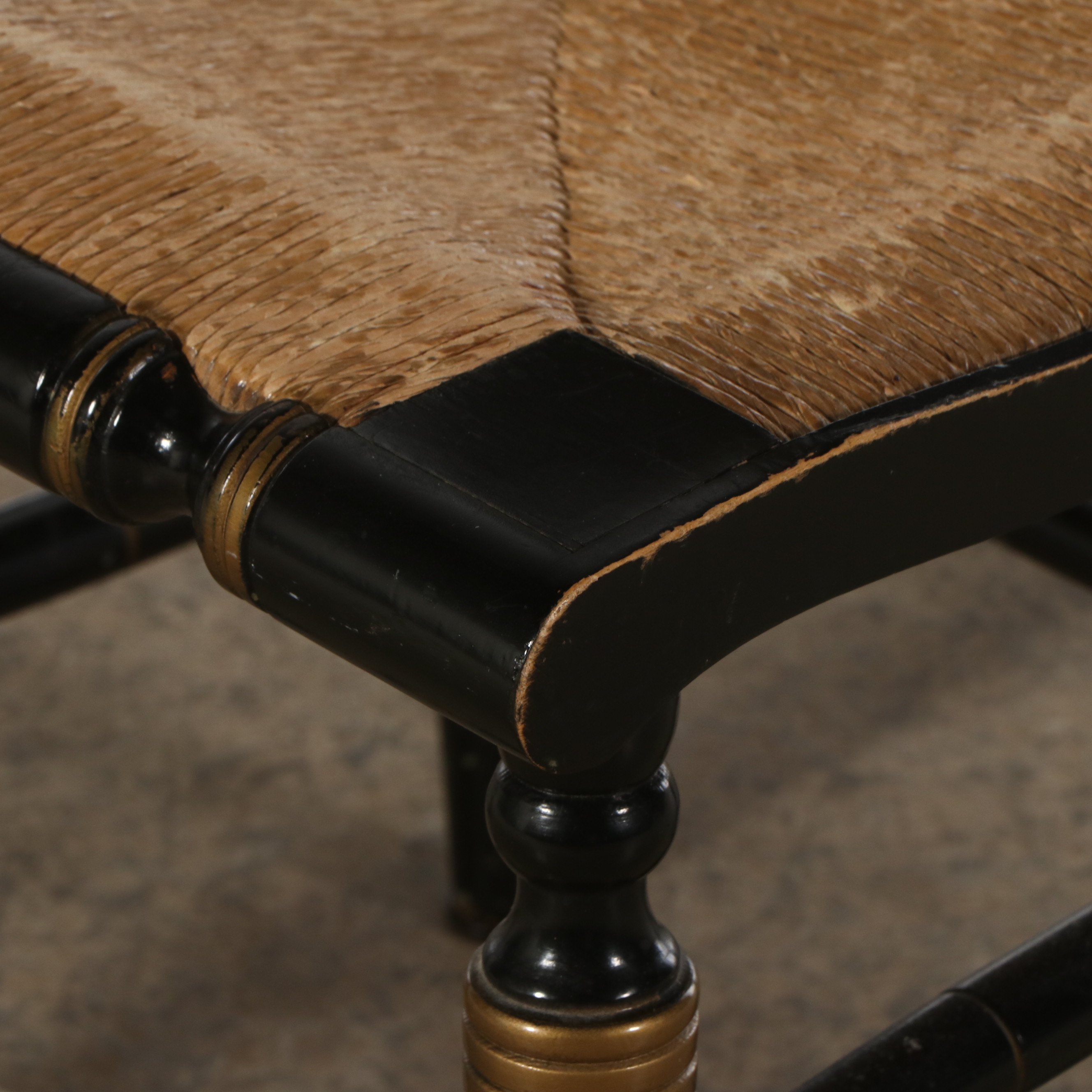 Hitchcock Style Ebonized Wood and Stencil Decorated with Rush Seats