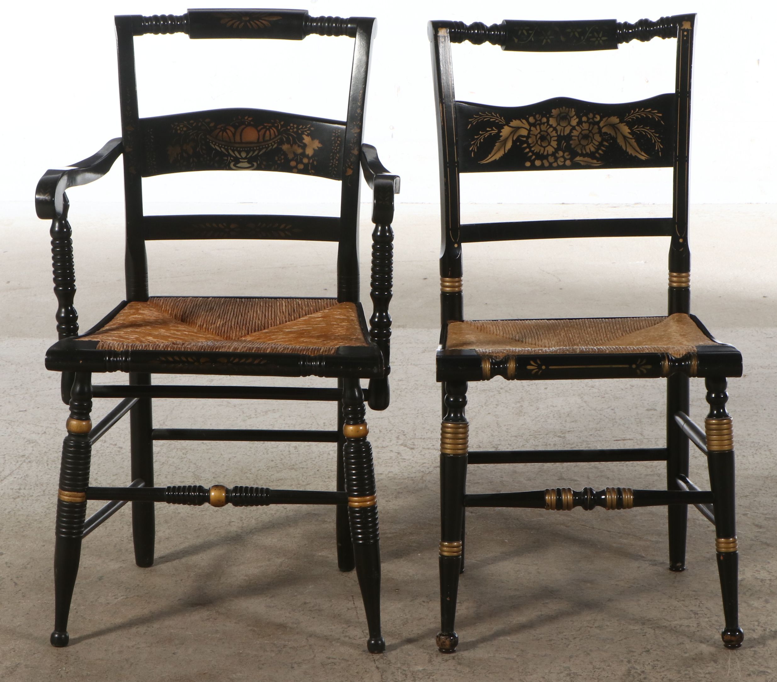 Hitchcock Style Ebonized Wood and Stencil Decorated with Rush Seats