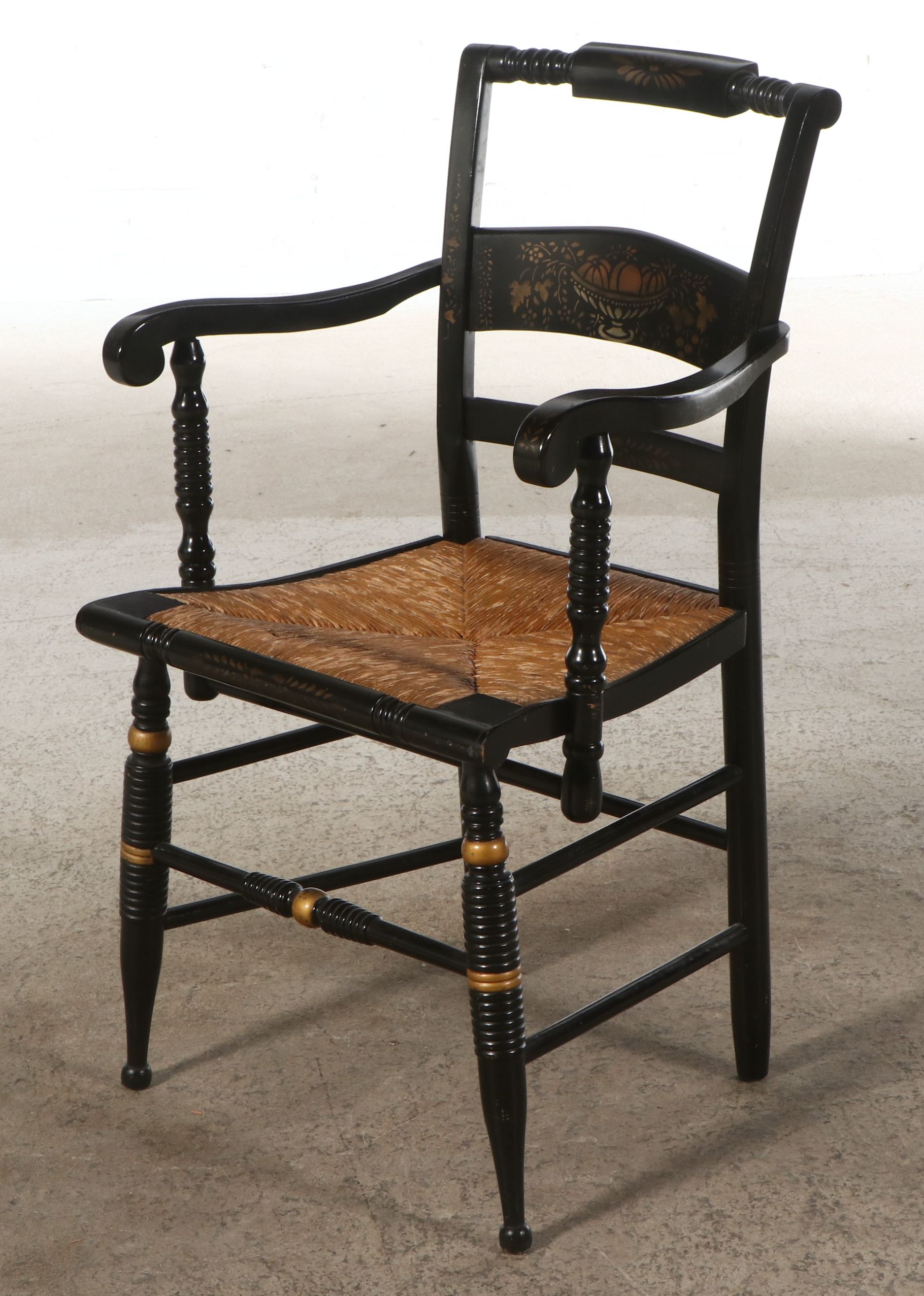 Hitchcock Style Ebonized Wood and Stencil Decorated with Rush Seats