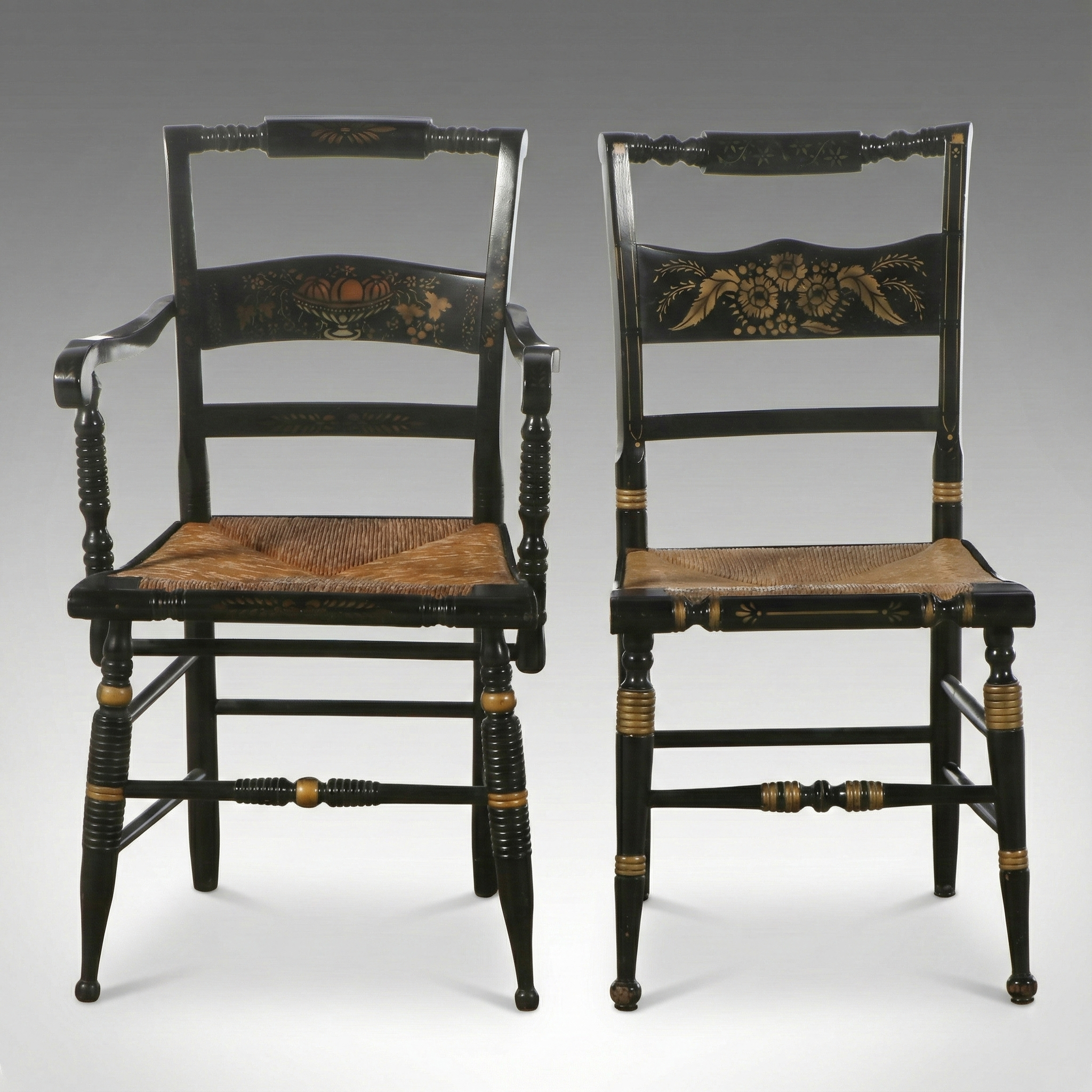 Hitchcock Style Ebonized Wood and Stencil Decorated with Rush Seats