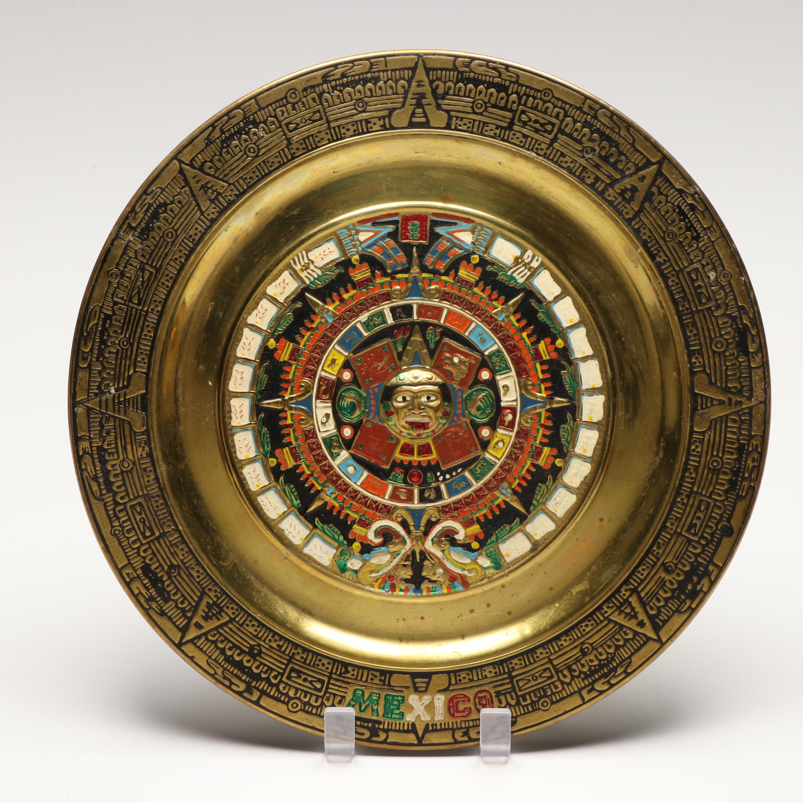 Indian Brass Candle Holders with Pitchers and Mexican Aztec Style Brass Plate