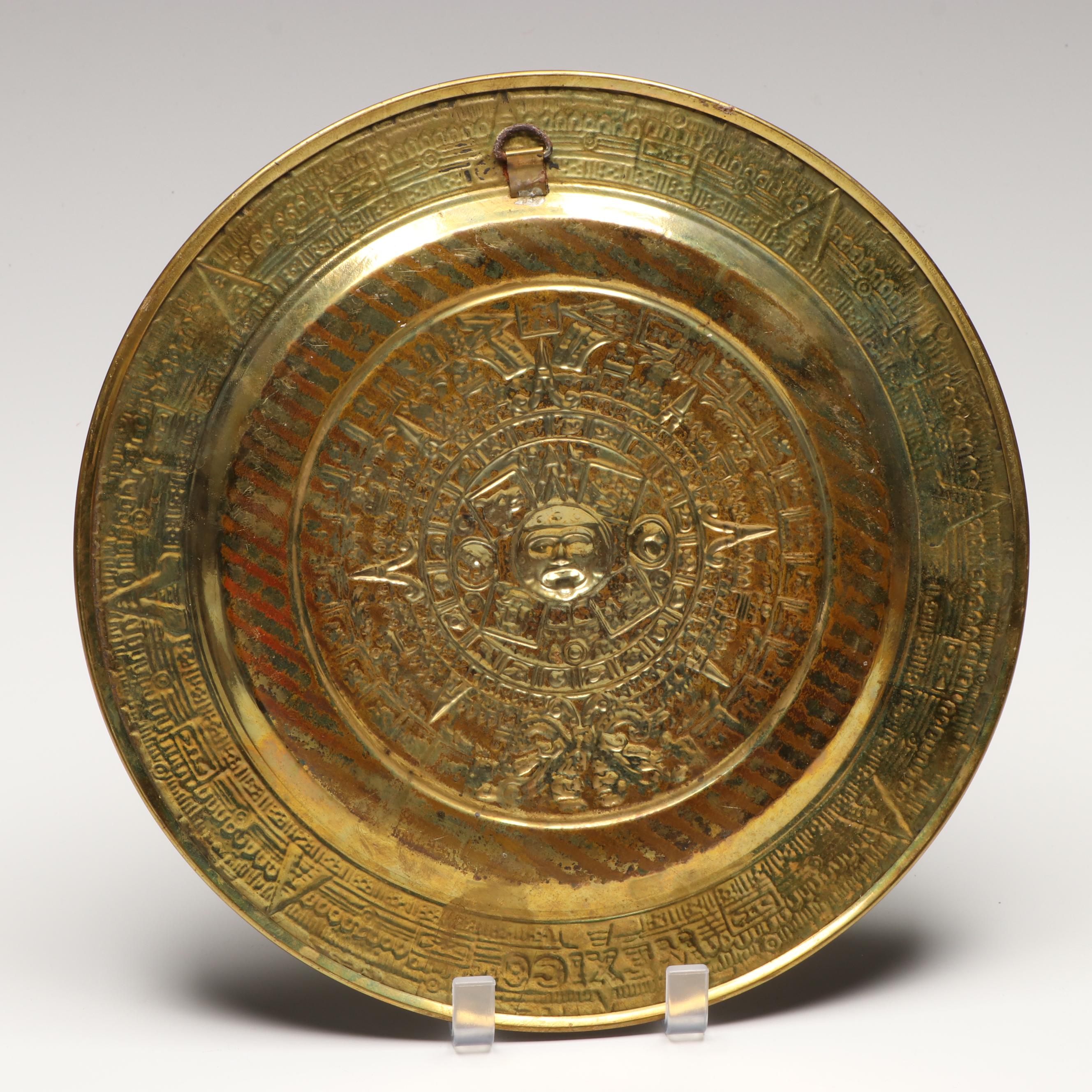 Indian Brass Candle Holders with Pitchers and Mexican Aztec Style Brass Plate