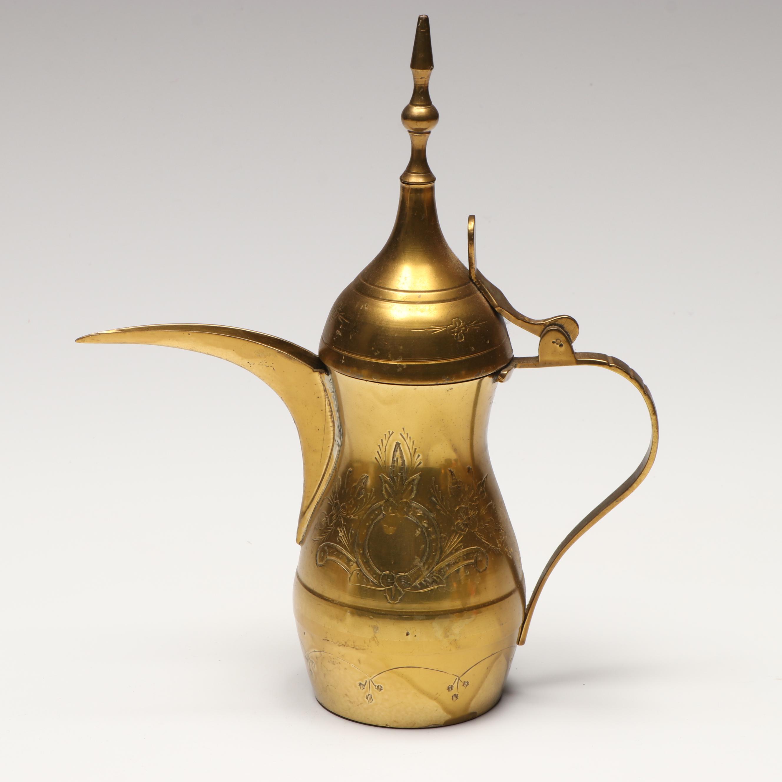 Indian Brass Candle Holders with Pitchers and Mexican Aztec Style Brass Plate