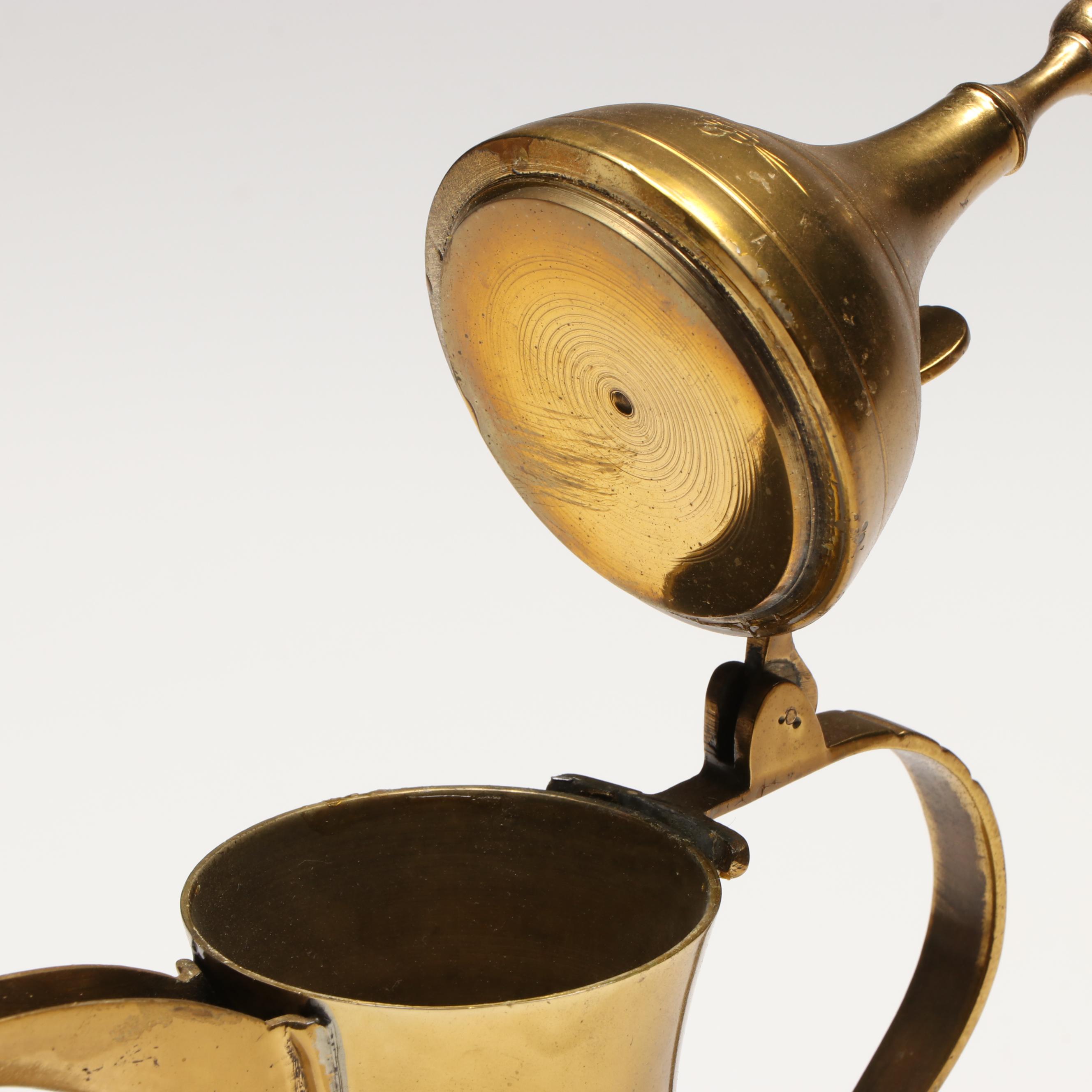 Indian Brass Candle Holders with Pitchers and Mexican Aztec Style Brass Plate