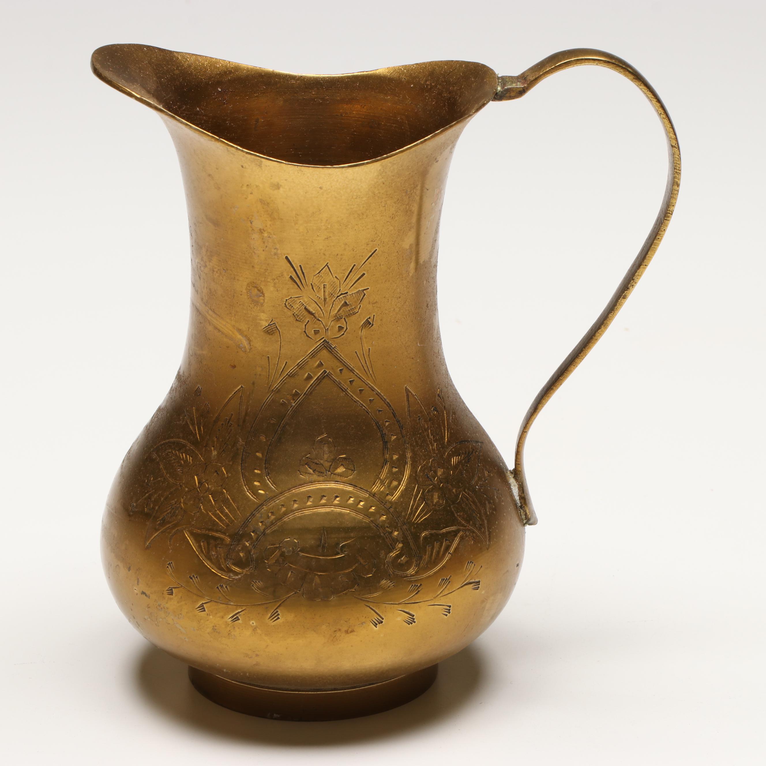 Indian Brass Candle Holders with Pitchers and Mexican Aztec Style Brass Plate