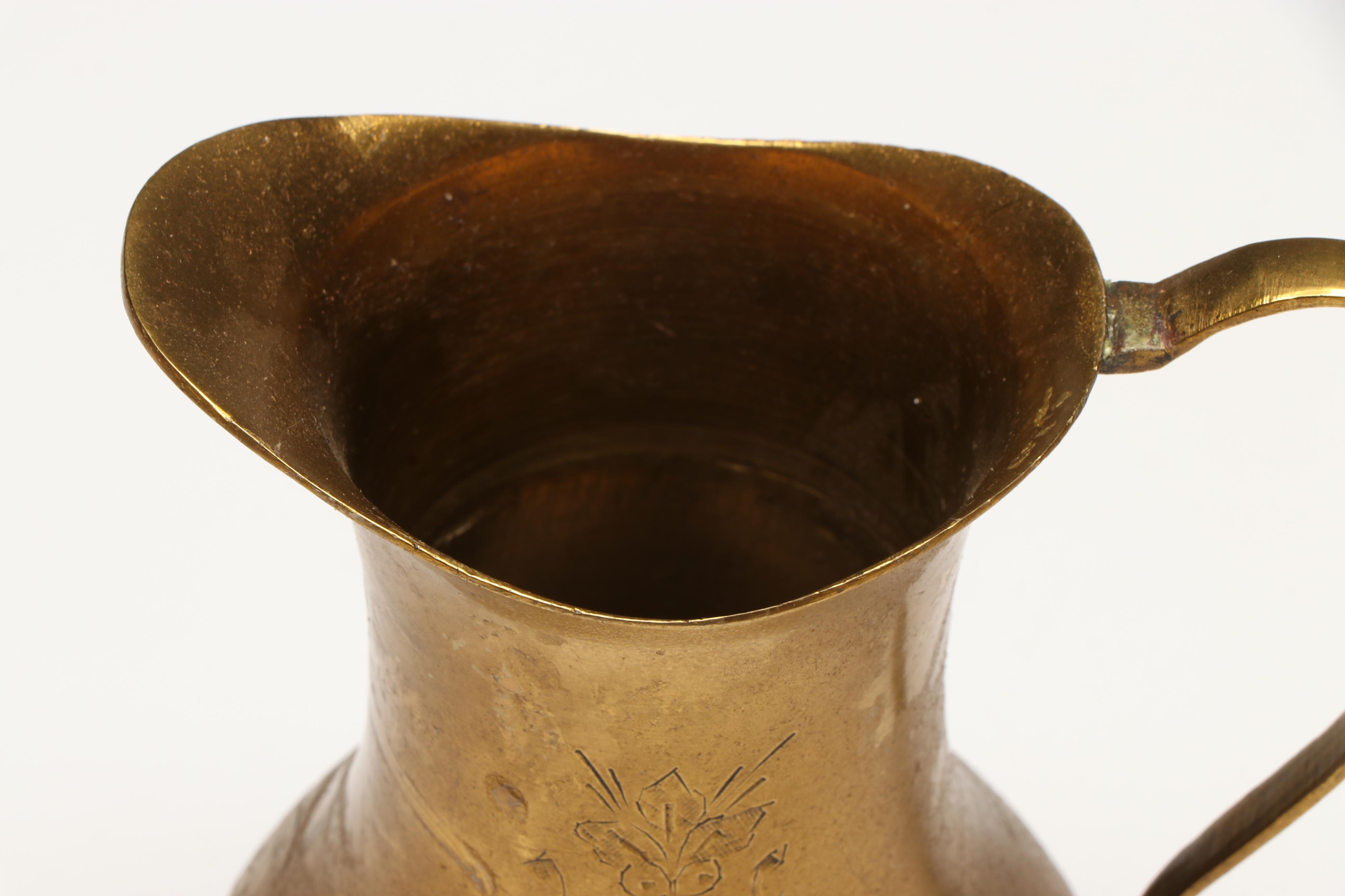 Indian Brass Candle Holders with Pitchers and Mexican Aztec Style Brass Plate